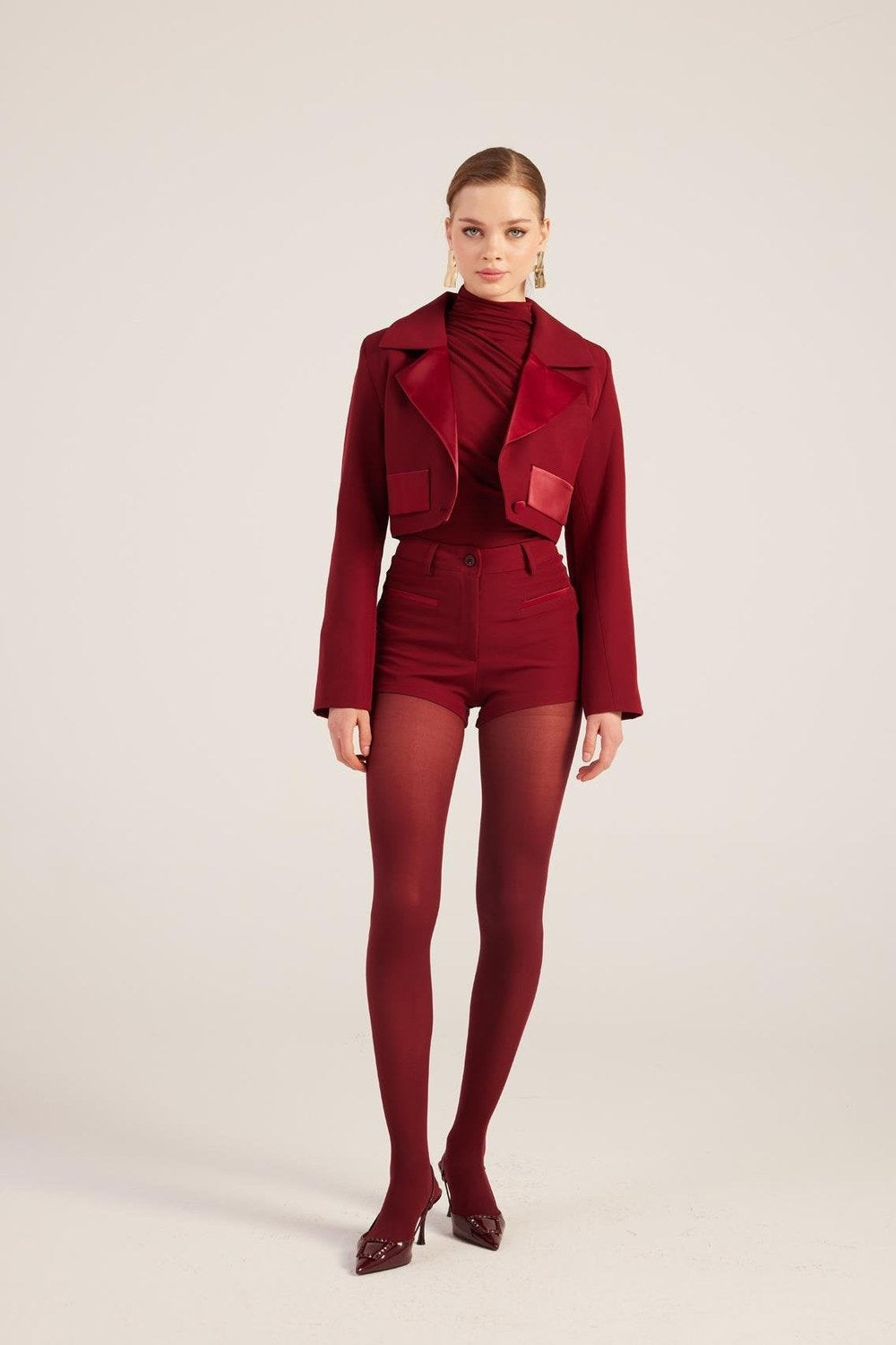 Yakası Saten Detaylı Camila Crop Blazer Ceket Bordo - 0