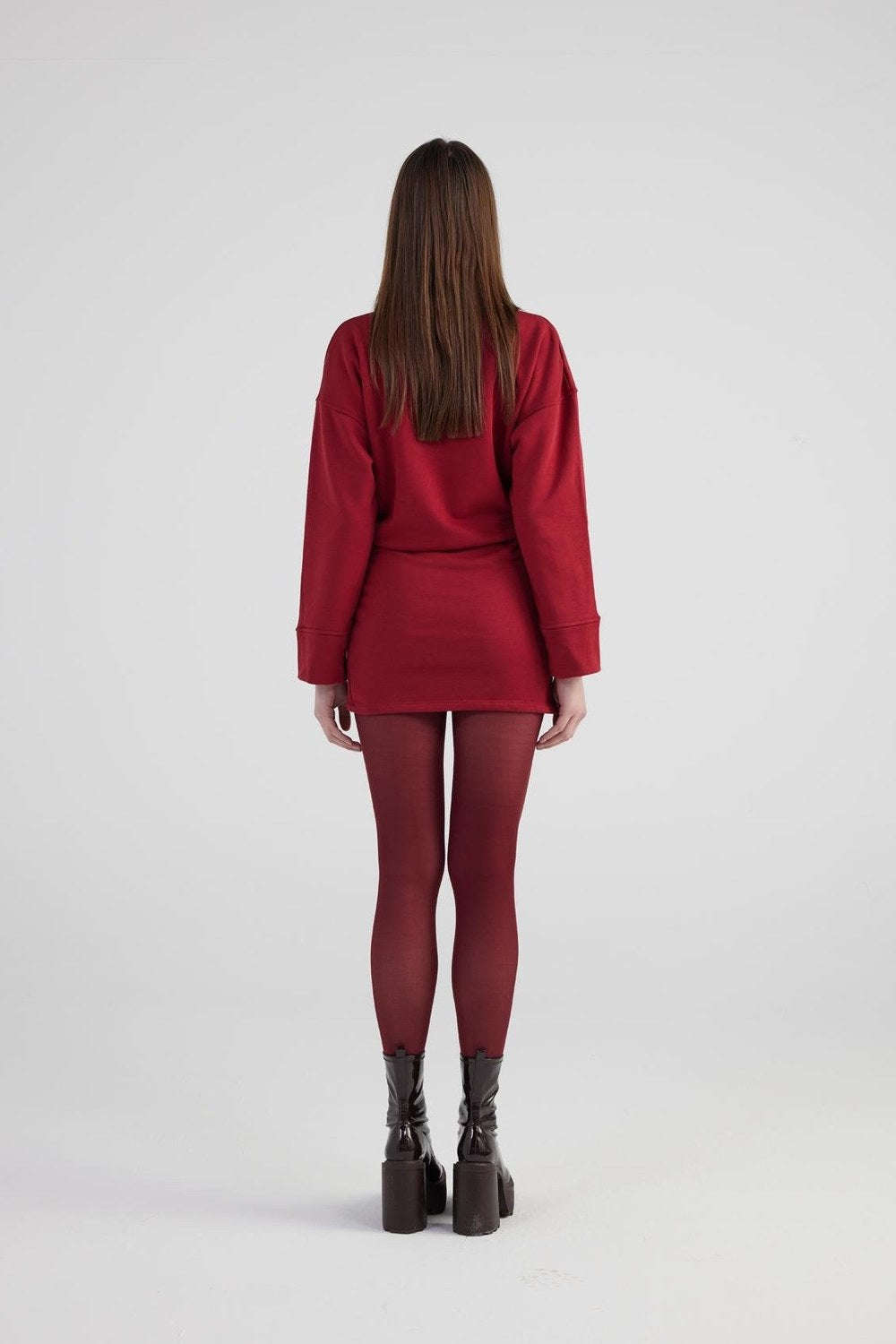 Yırtmaçlı Dokuma Kumaş Mini Claire Elbise Bordo - 4