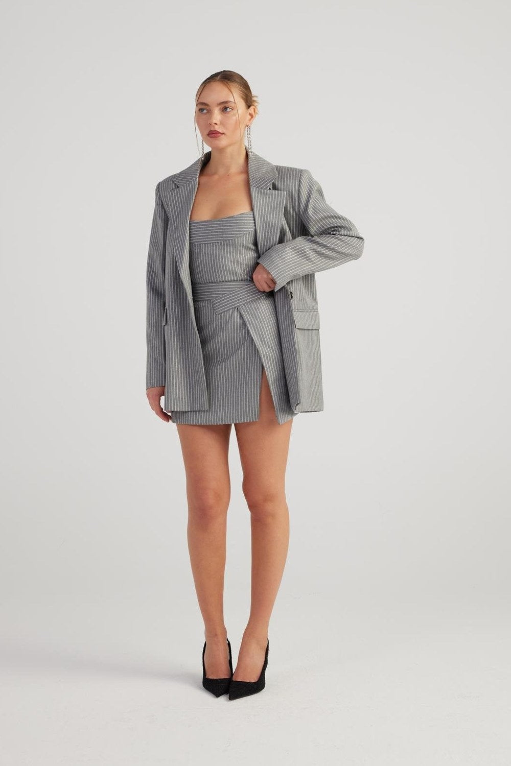 Oversize Kesim Simli Çizgili Eden Blazer Ceket Gri - 1