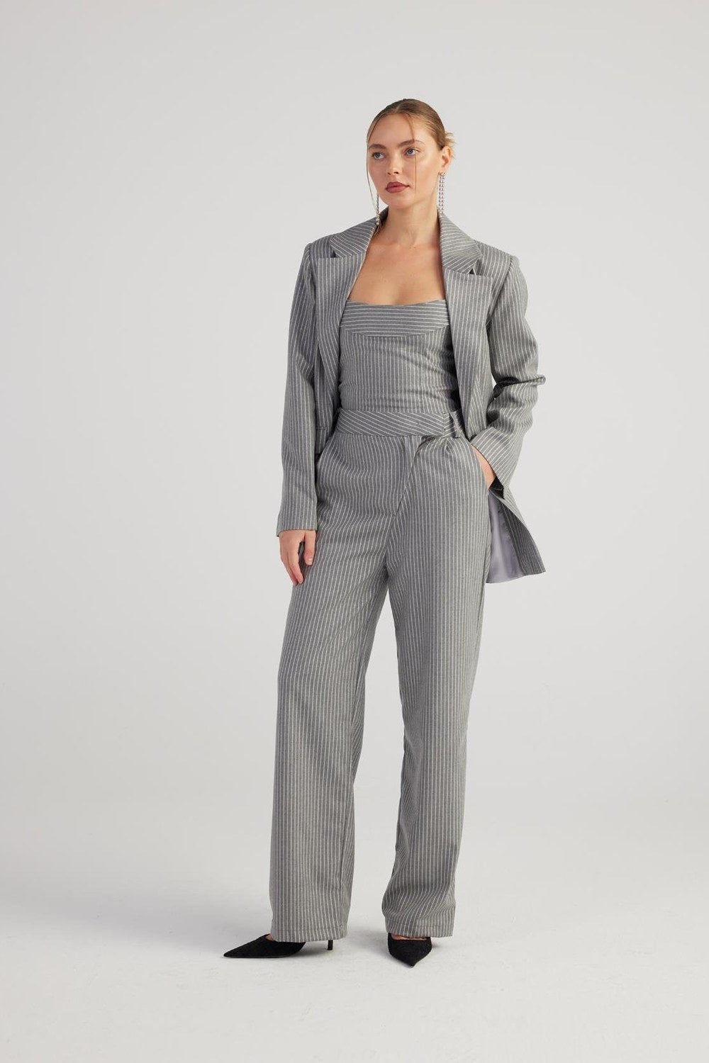 Oversize Kesim Simli Çizgili Eden Blazer Ceket Gri - 2