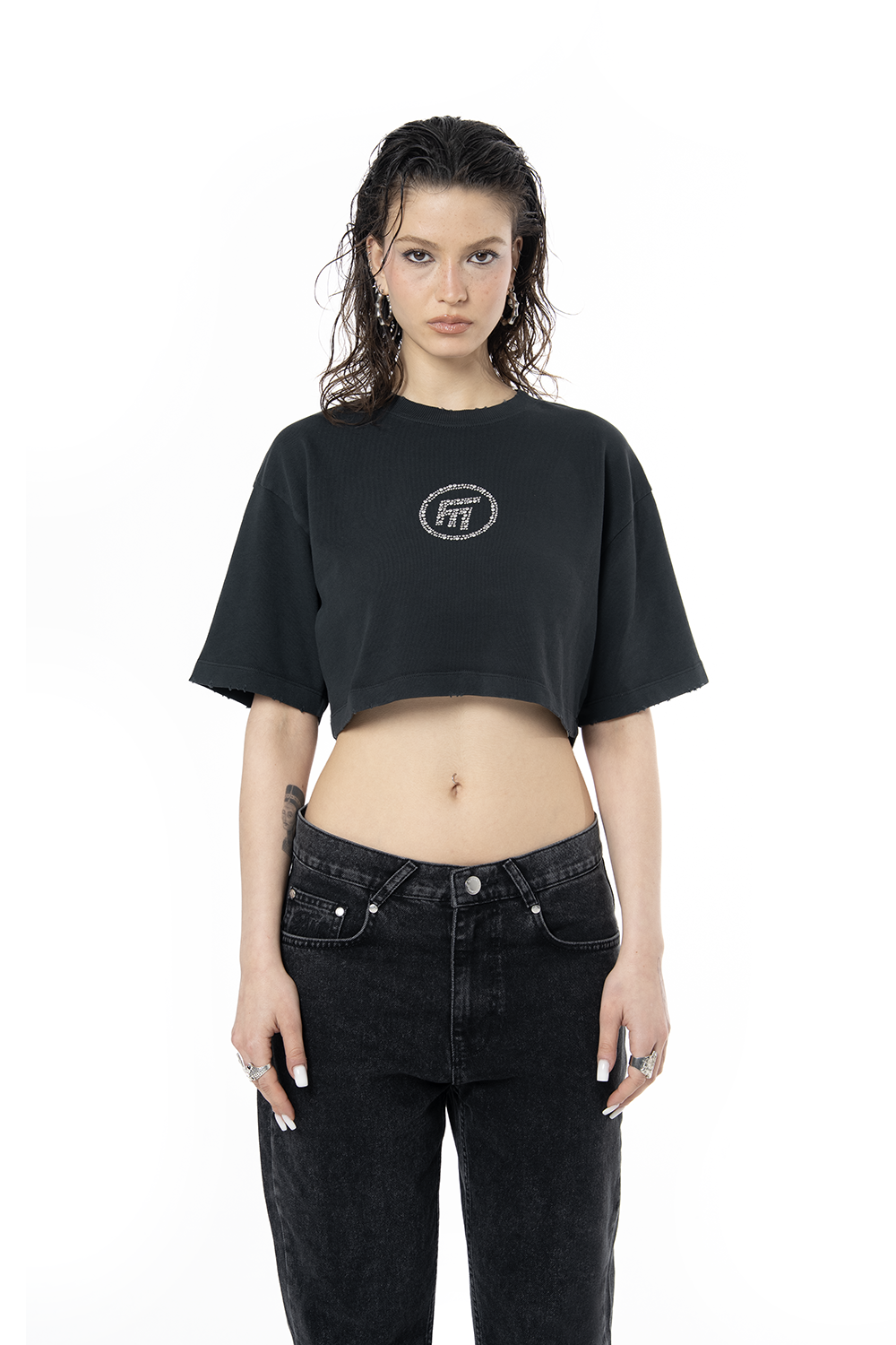 Kadın Oversize Fm Icon Yıpratmalı Crop Tişört - Siyah - 0