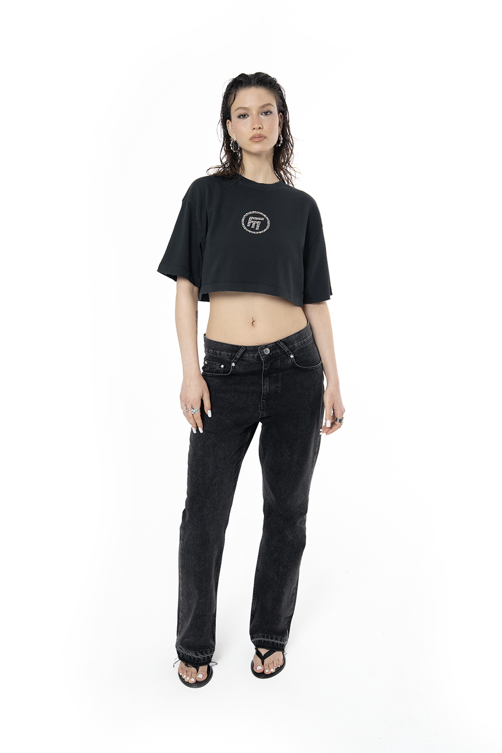 Kadın Oversize Fm Icon Yıpratmalı Crop Tişört - Siyah - 2