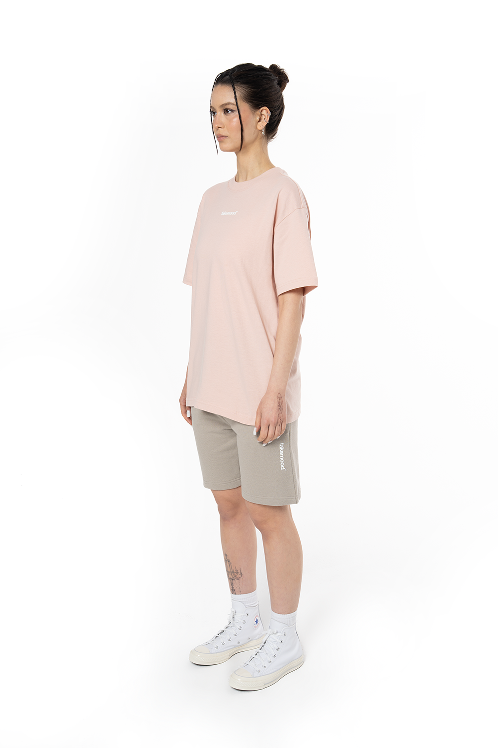 Unisex Relaxed Fit Basic Fakemood Baskılı Şort - Taş - 4