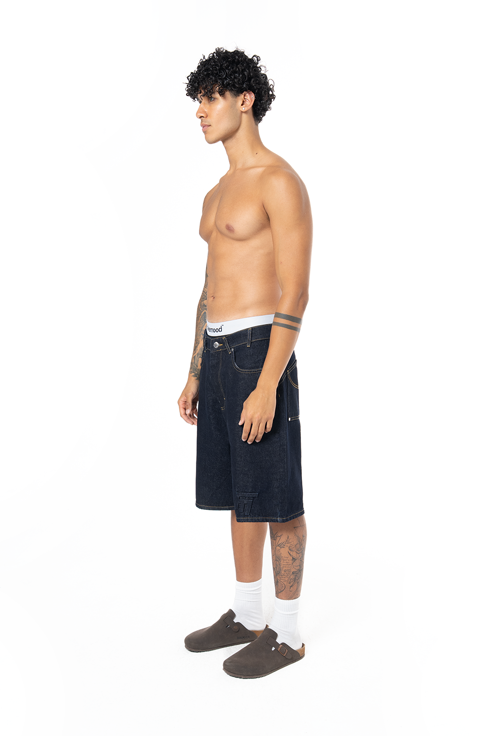 Unisex Oversize Premium Raw Denim Şort - Siyah - 3