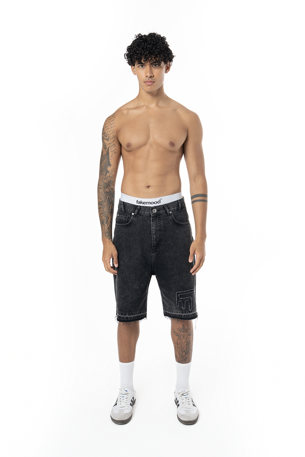 Unisex Oversize Yıpratmalı Fm Icon Detaylı Premium Denim Şort - Siyah - 2