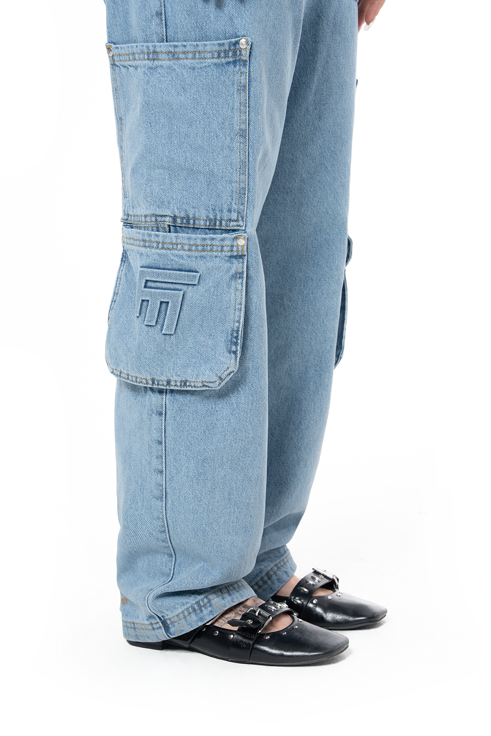 Unisex Relaxed Fit Logo Kabartmalı Nakış Detaylı Premium Kargo Pantolon - Mavi - 3
