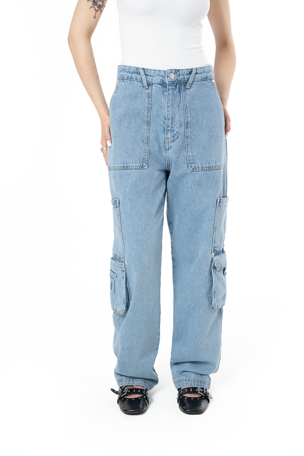 Unisex Relaxed Fit Logo Kabartmalı Nakış Detaylı Premium Kargo Pantolon - Mavi - 4