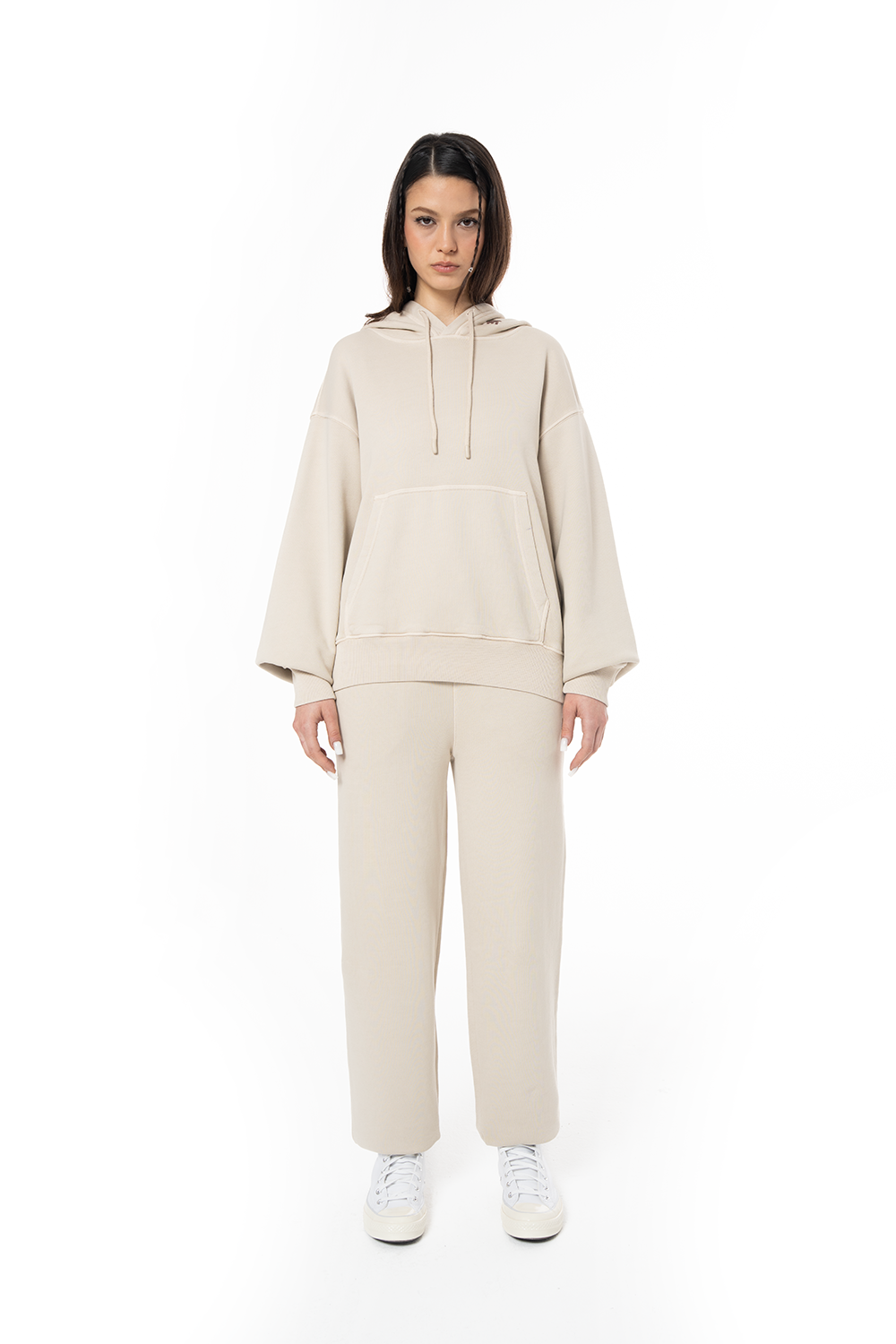 Kadın Oversize Fm Icon Nakışlı Hoodie - Bej - 4