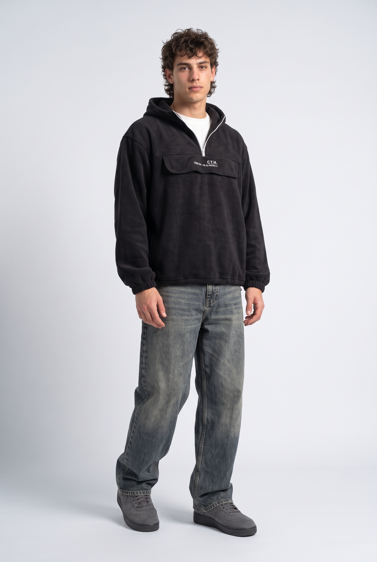 Yarım Fermuarlı Kapüşonlu Polar Sweatshirt