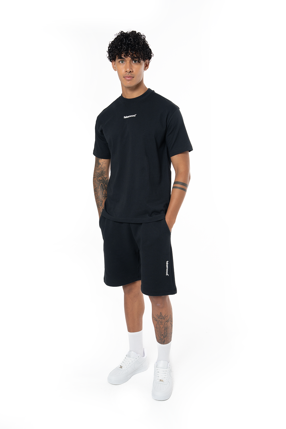 Unisex Relaxed Fit Basic Fakemood Baskılı Şort - Siyah - 0