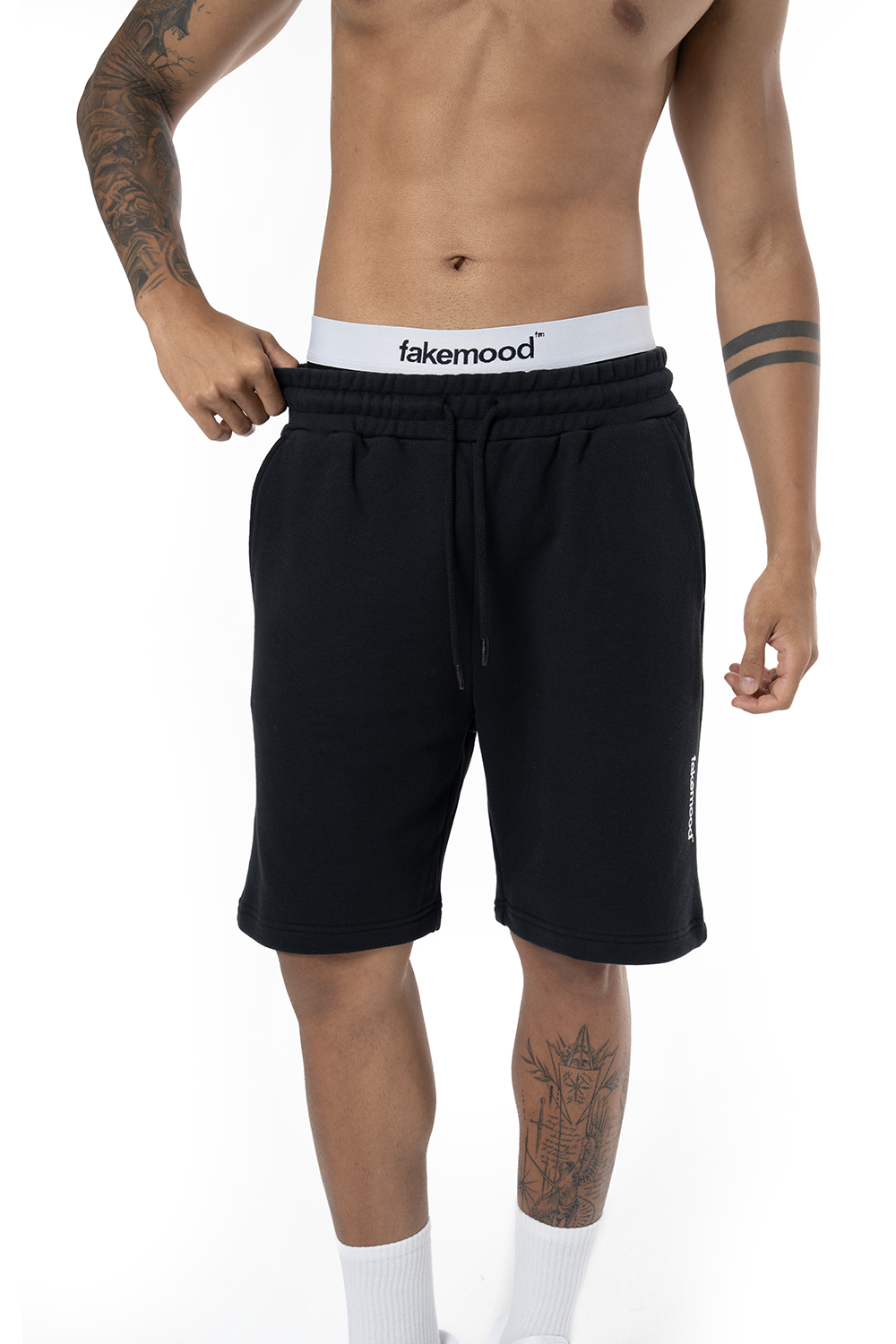 Unisex Relaxed Fit Basic Fakemood Baskılı Şort - Siyah - 2