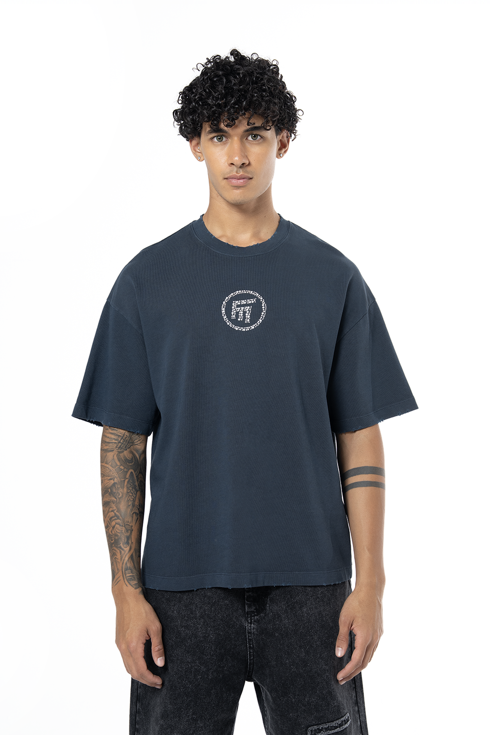 Unisex Oversize Fm Icon Yıpratmalı Tişört - Lacivert - 0