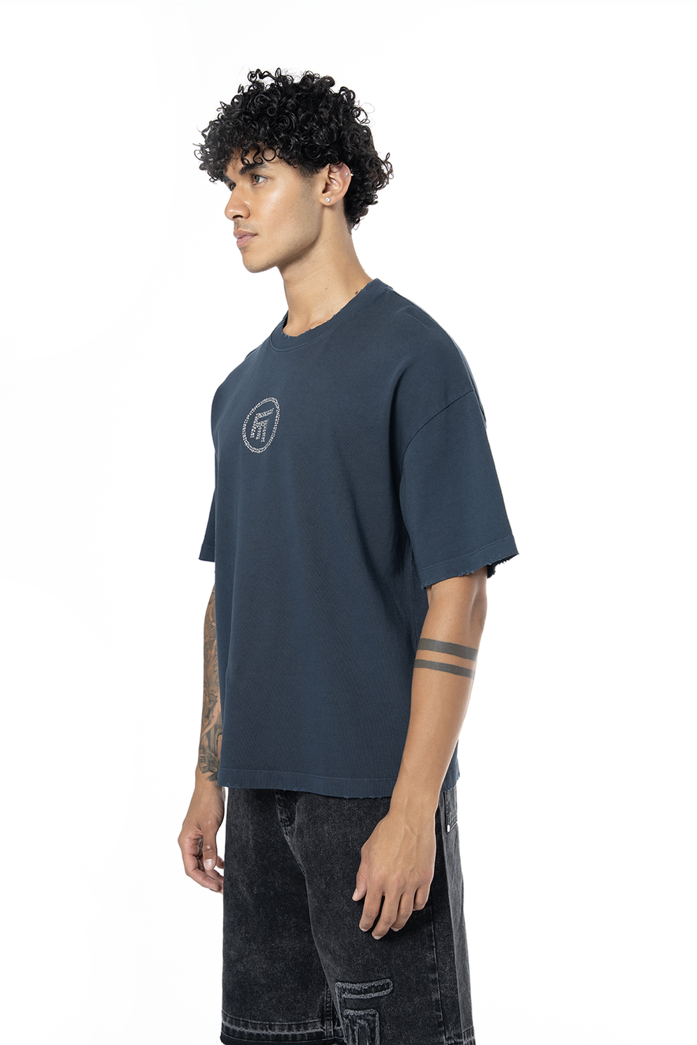 Unisex Oversize Fm Icon Yıpratmalı Tişört - Lacivert - 1