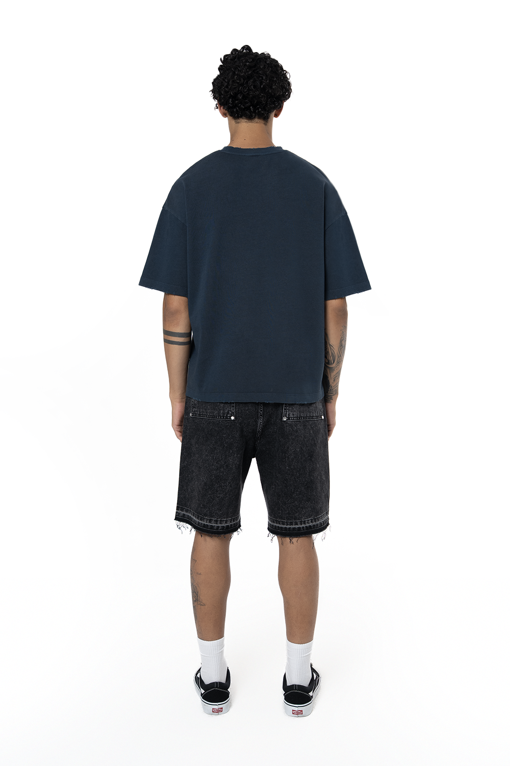 Unisex Oversize Fm Icon Yıpratmalı Tişört - Lacivert - 3
