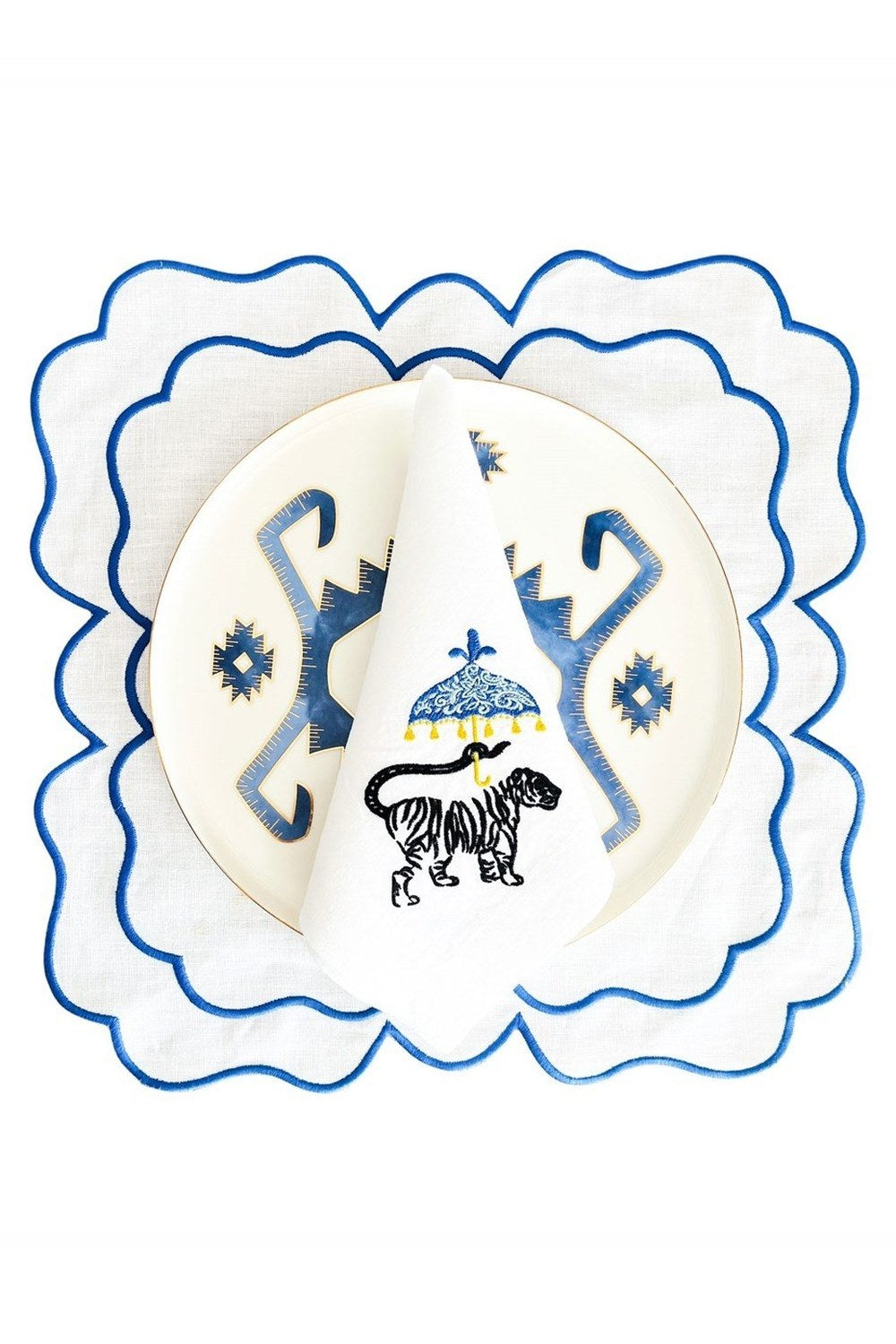 Victorian Çift Sargı Mavi Nakışlı Beyaz Keten Amerikan Servis - 0