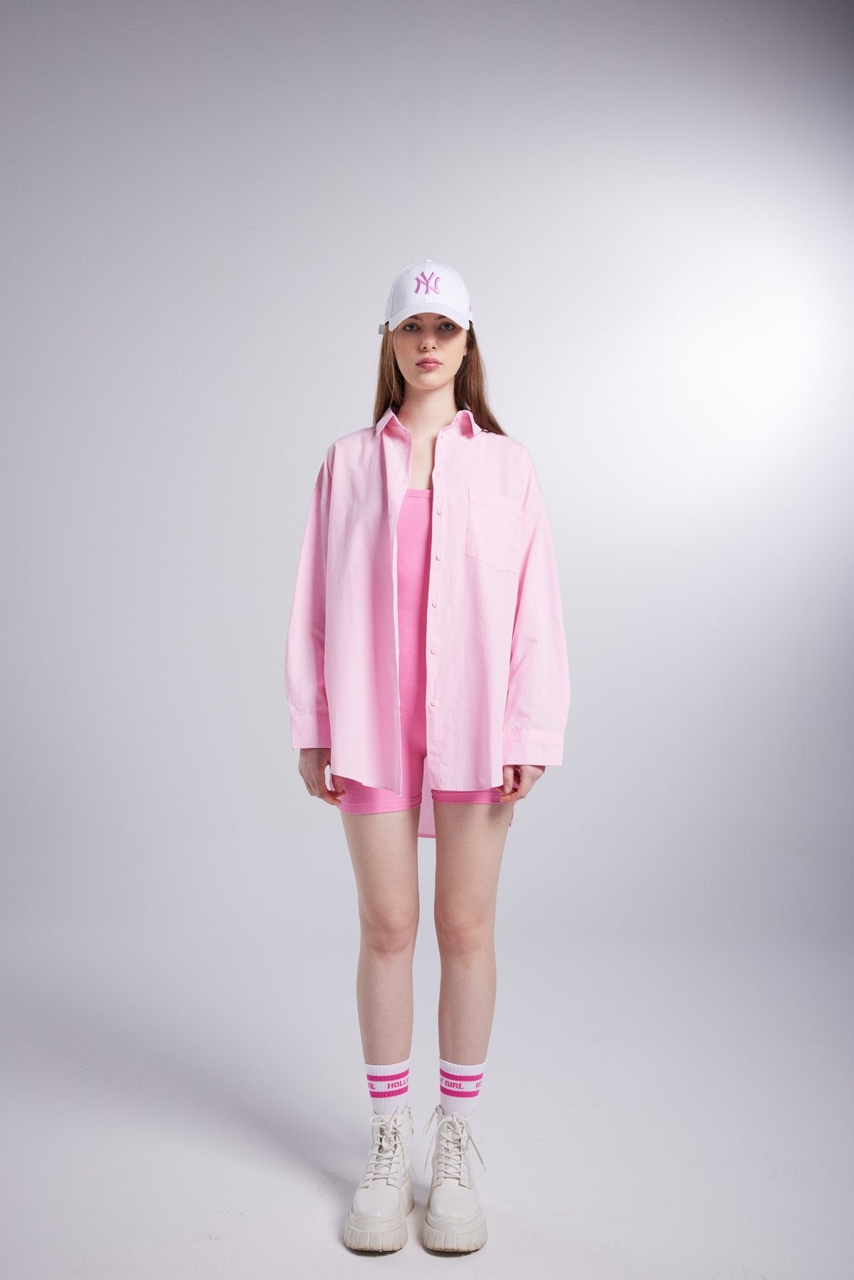 Cepli Oversize Kesim Lovesize Gömlek Pembe