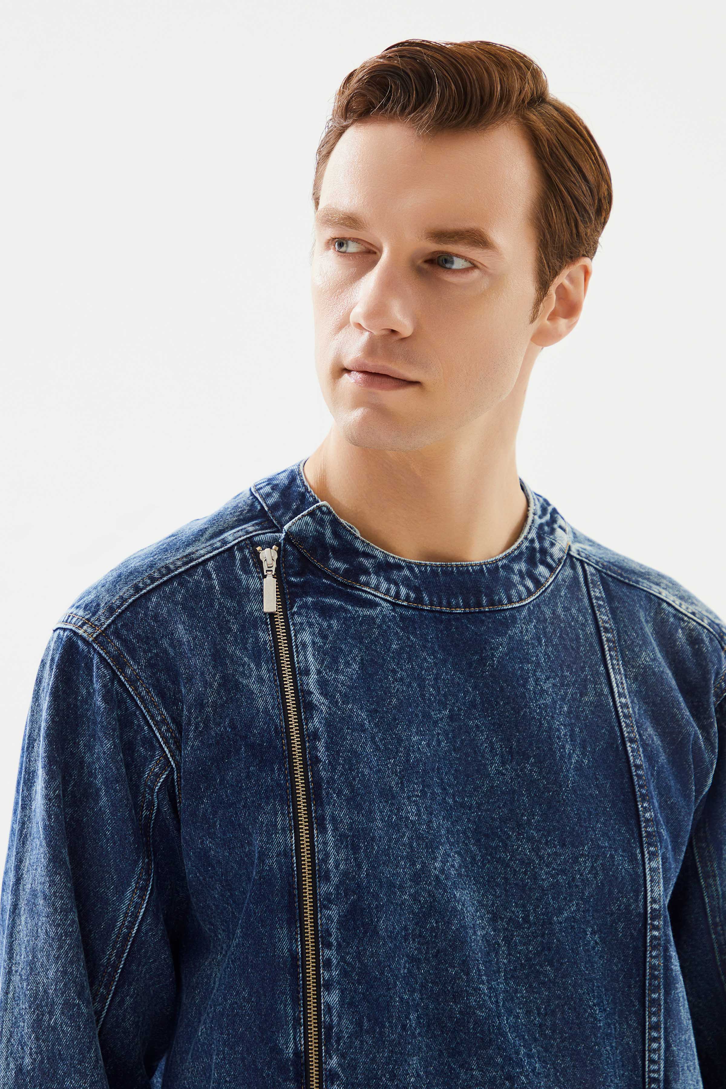 2be4 A-Erkek Bisiklet Yakalı Yan Fermuarlı Denim Ceket-5-Milagron.com