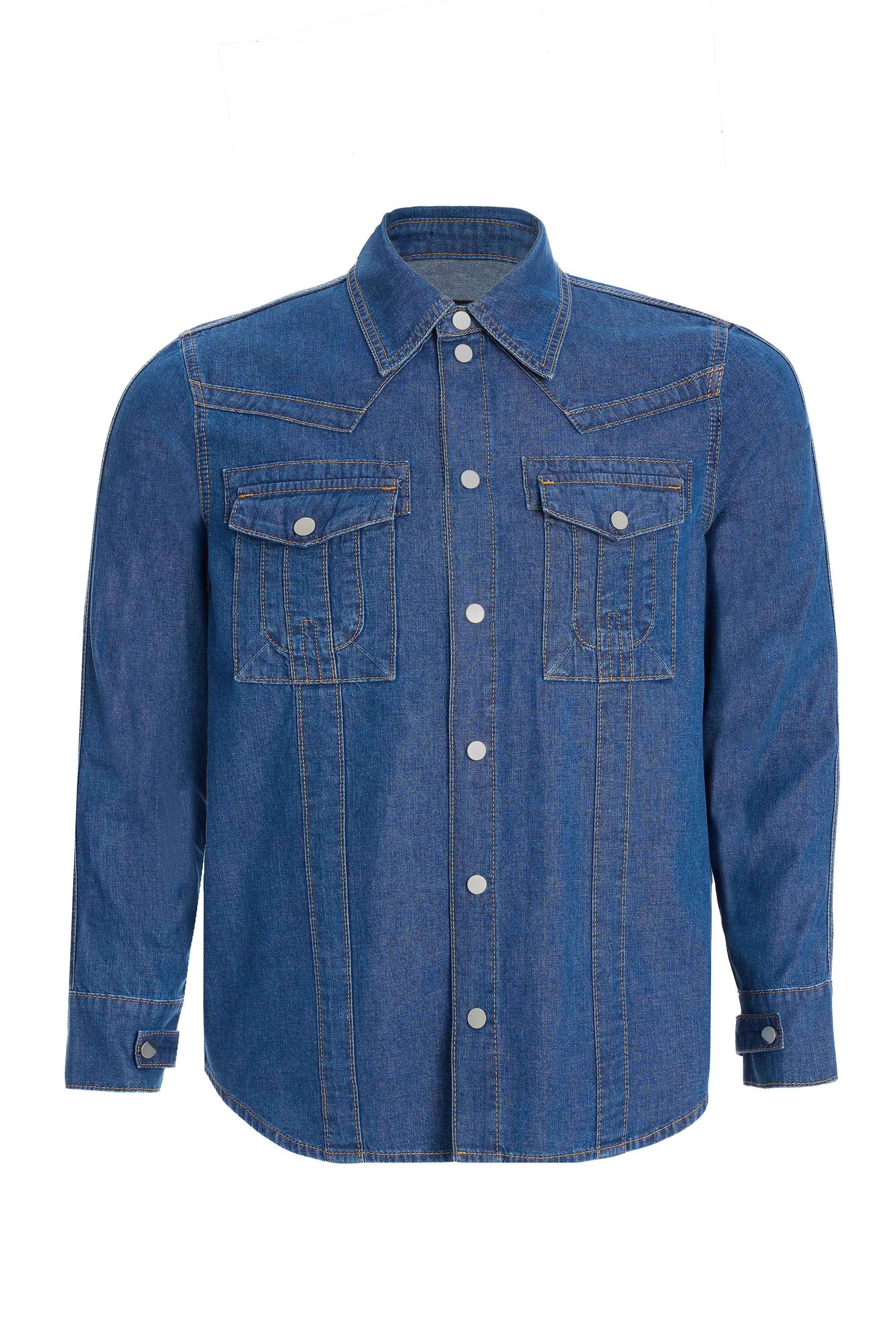 2be4A-Erkek Koyu Mavi Cepli şerit Detaylı Denim Gömlek-1-Milagron.com