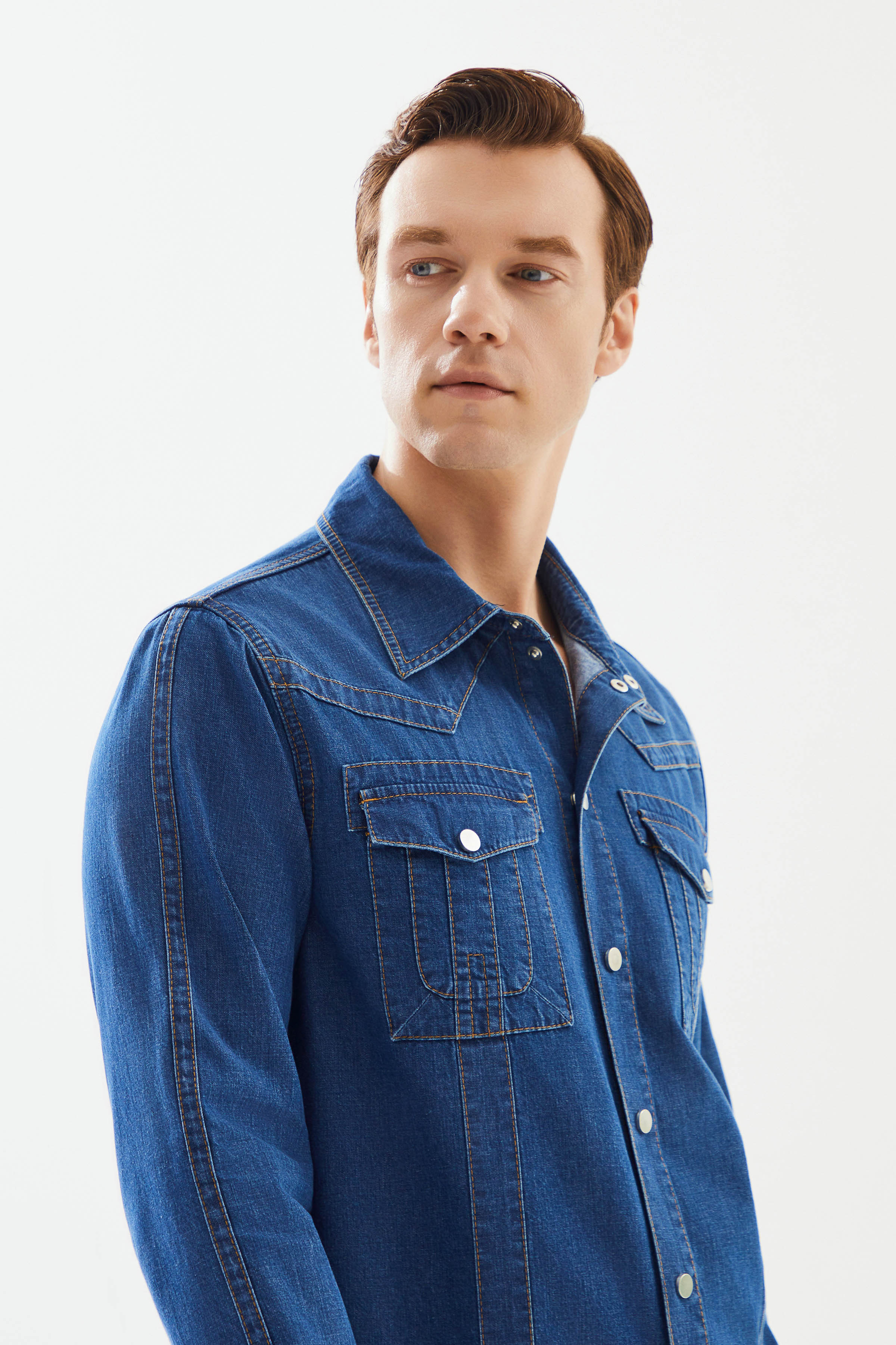 2be4A-Erkek Koyu Mavi Cepli şerit Detaylı Denim Gömlek-5-Milagron.com