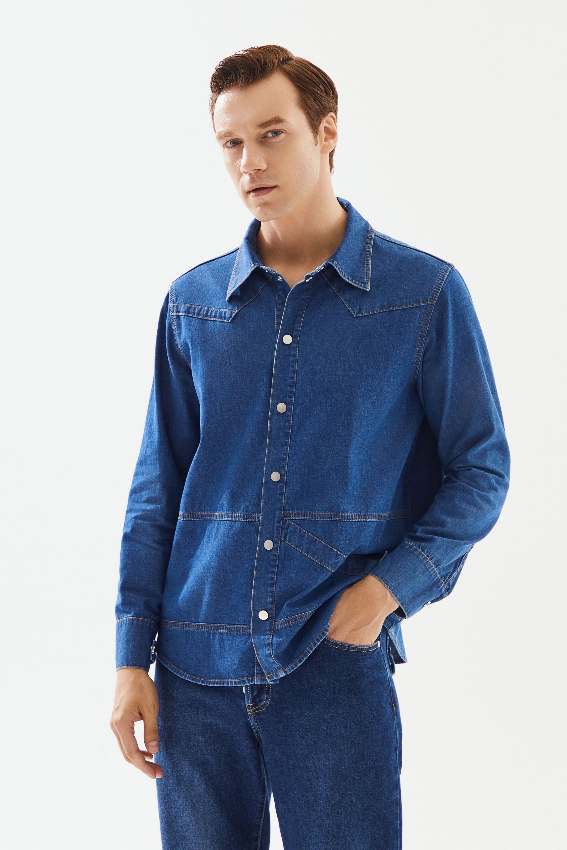 2be4A-Erkek Koyu Mavi şerit Detaylı Denim Gömlek-3-Milagron.com