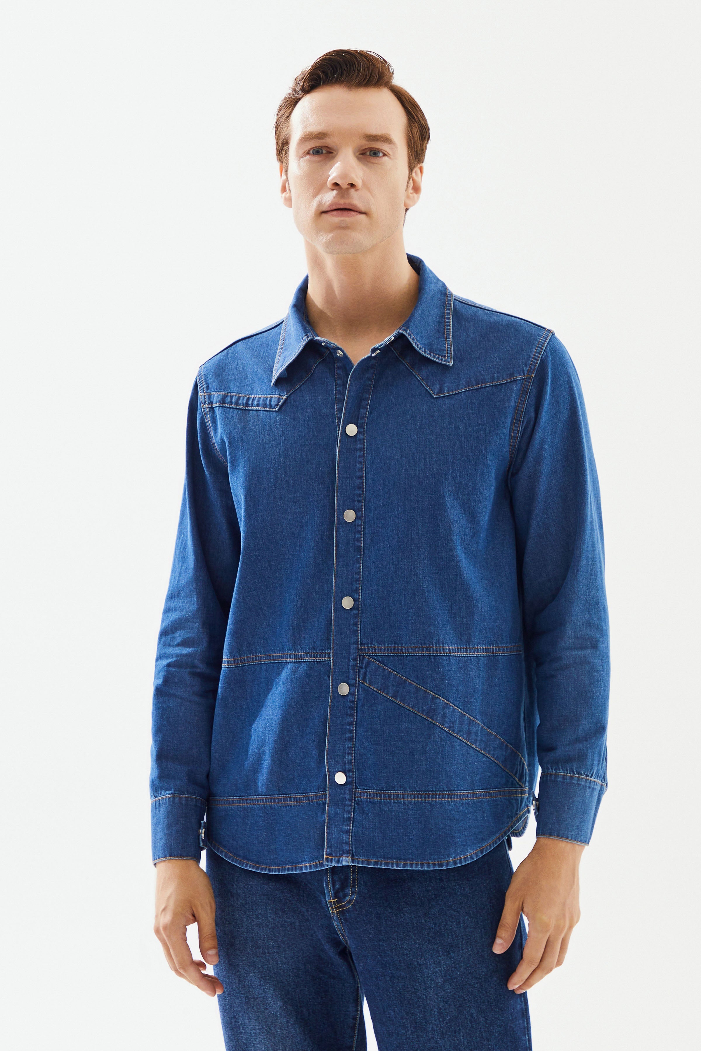 2be4A-Erkek Koyu Mavi şerit Detaylı Denim Gömlek-4-Milagron.com