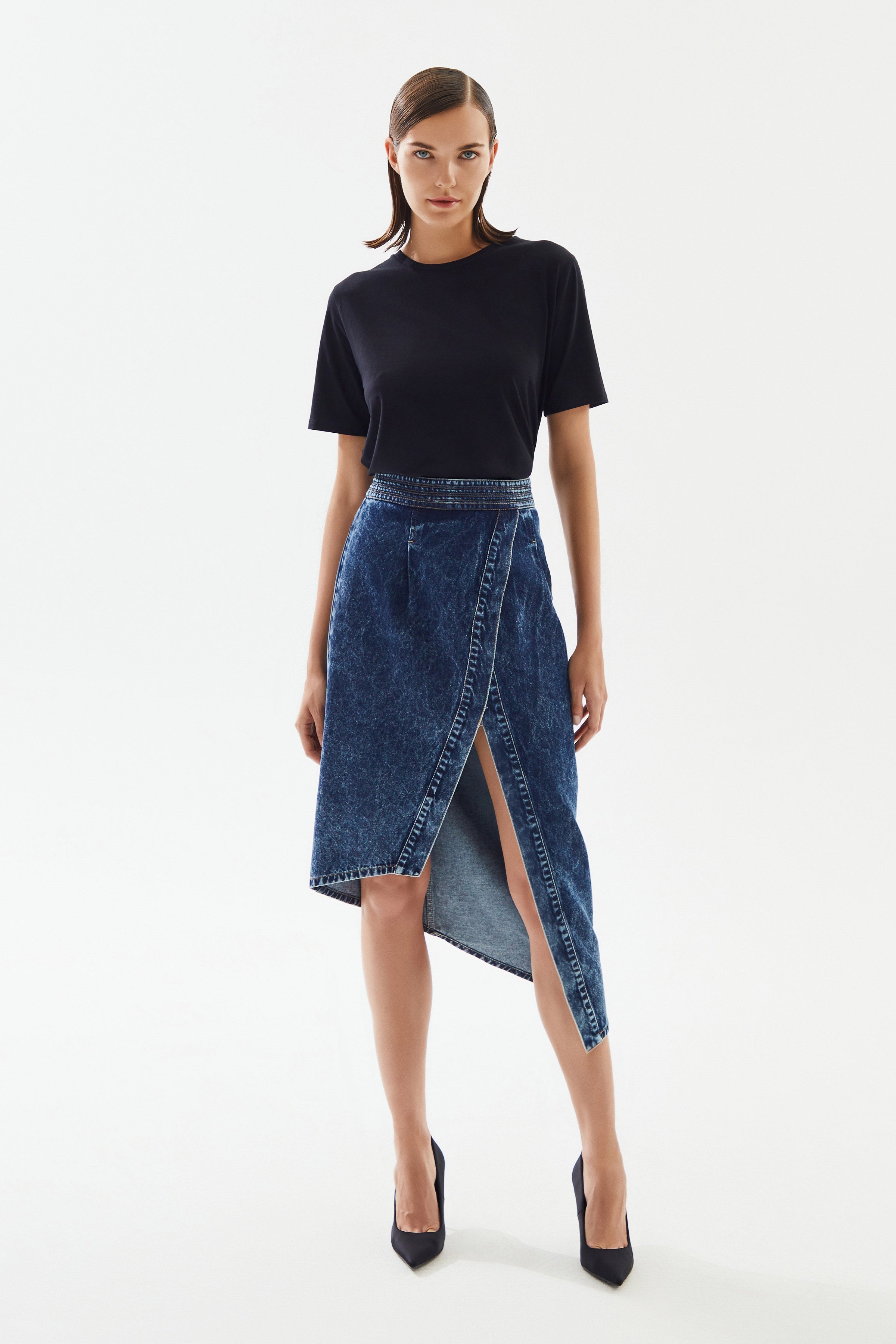 2be4A-Kadın Asimetrik Yırtmaçlı Denim Etek-3-Milagron.com