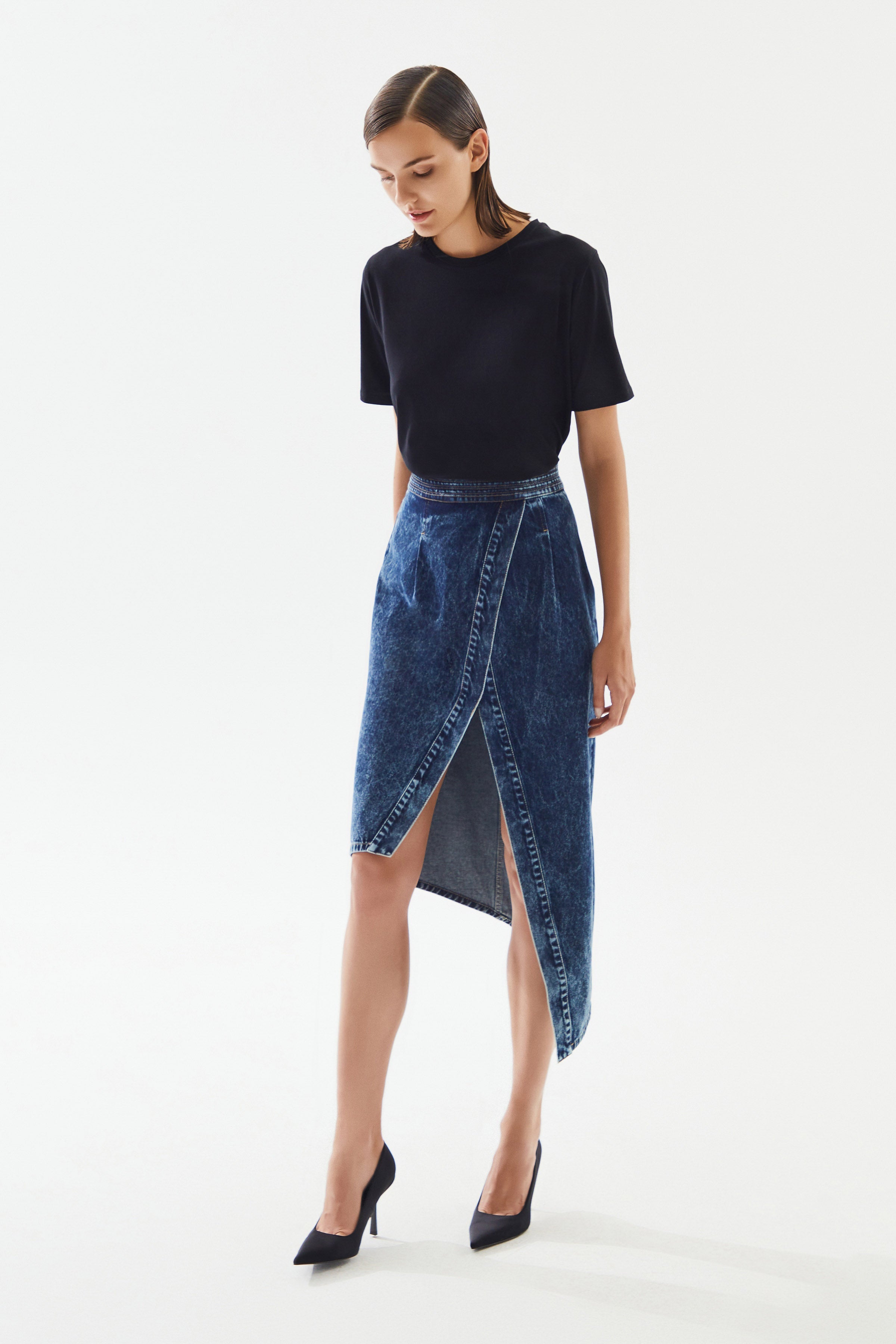 2be4A-Kadın Asimetrik Yırtmaçlı Denim Etek-4-Milagron.com
