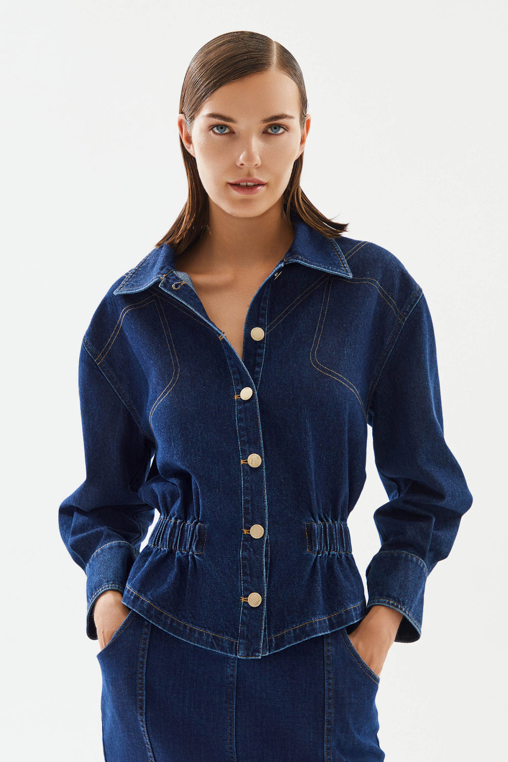 2be4A-Kadın Beli Büzgülü Denim Ceket-Ceket-1-Milagron.com