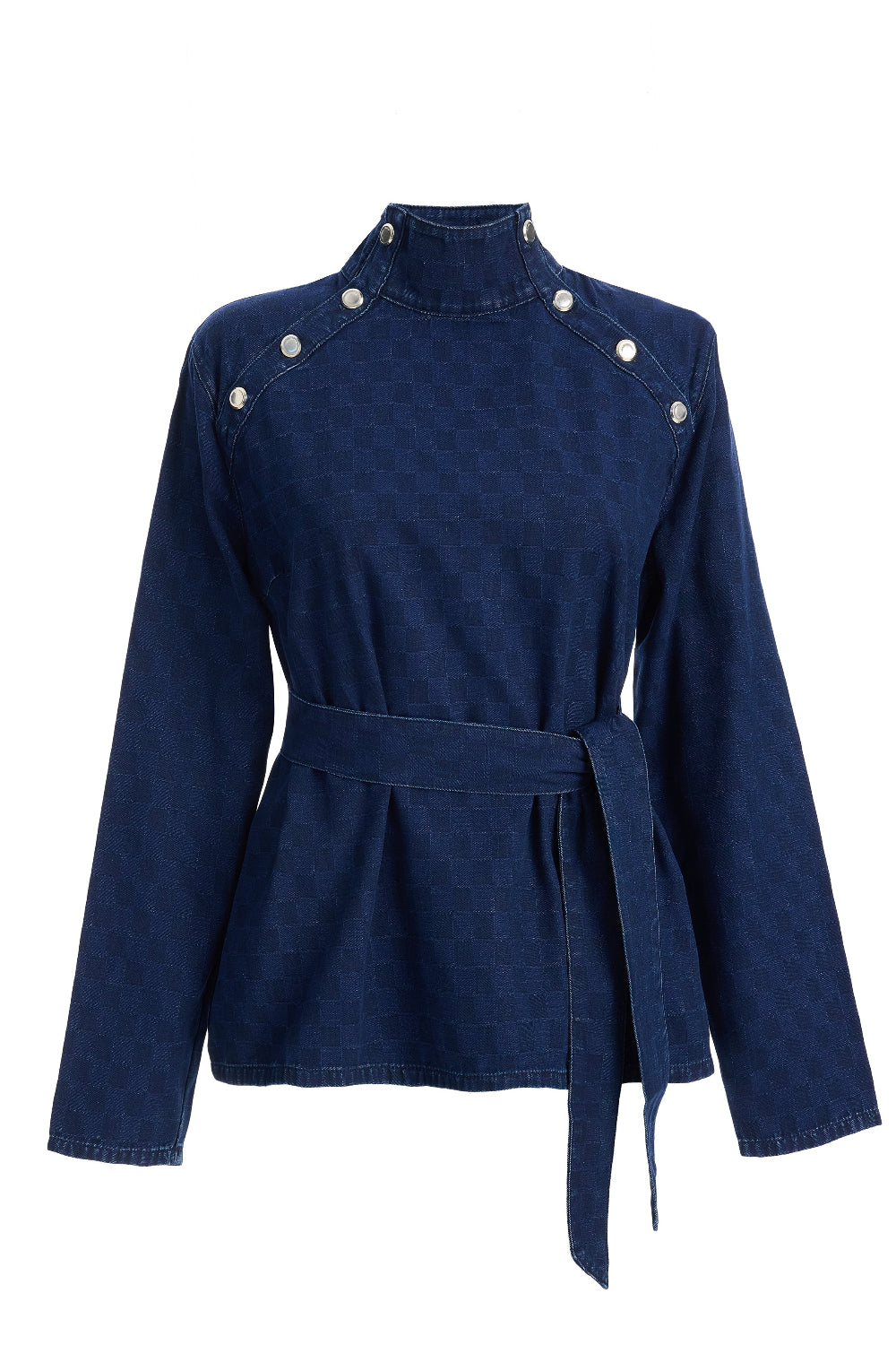 2be4A-Kadın Boğazlı Damalı Denim Bluz-Bluz-2-Milagron.com