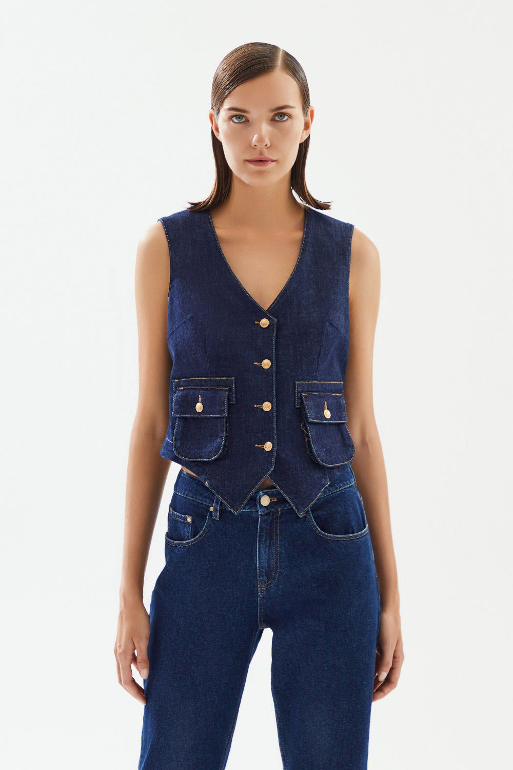 2be4A-Kadın Cep Detaylı Denim Yelek-Yelek-1-Milagron.com