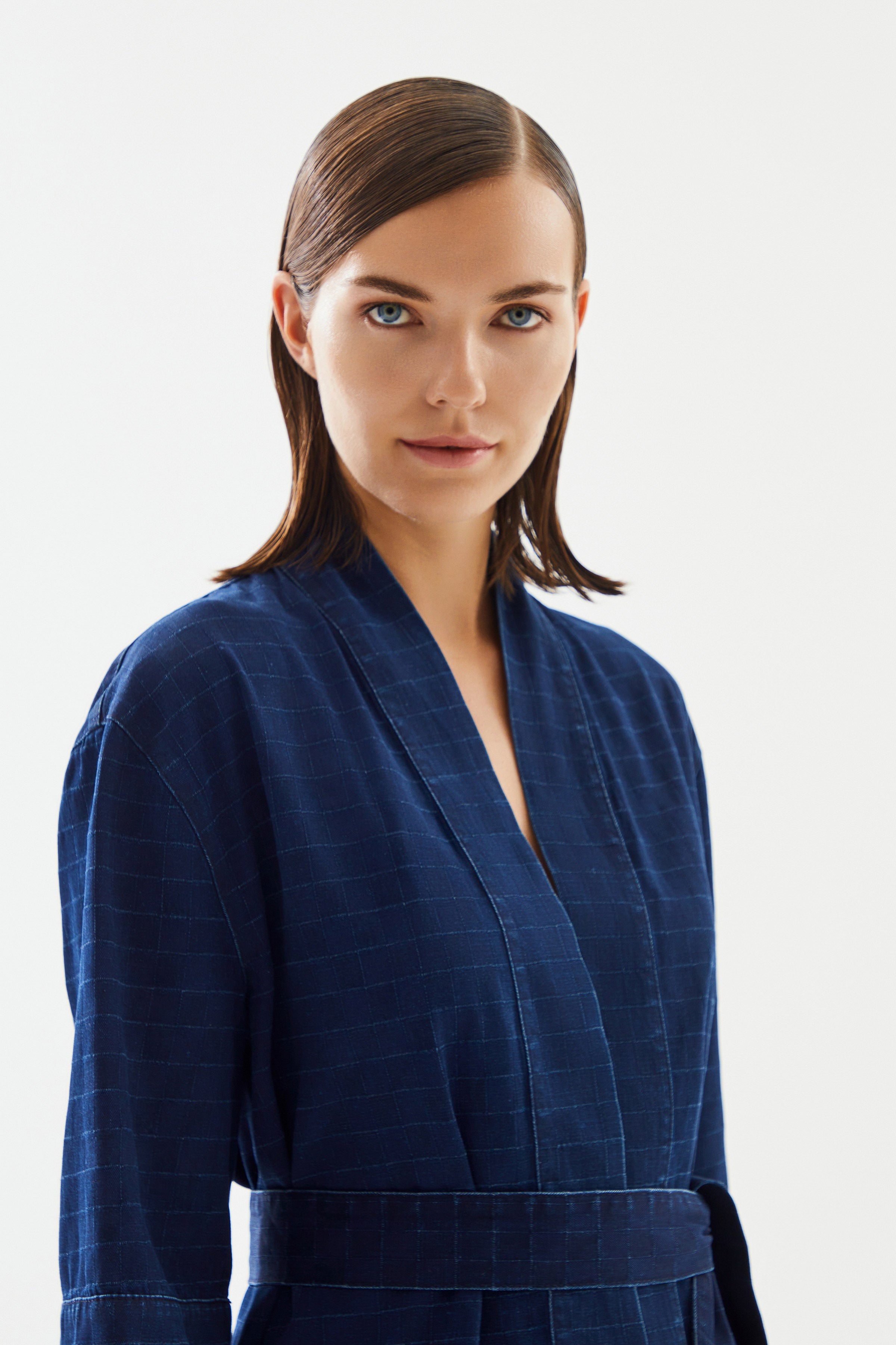 2be4A-Kadın Damalı Denim Kimono-4-Milagron.com