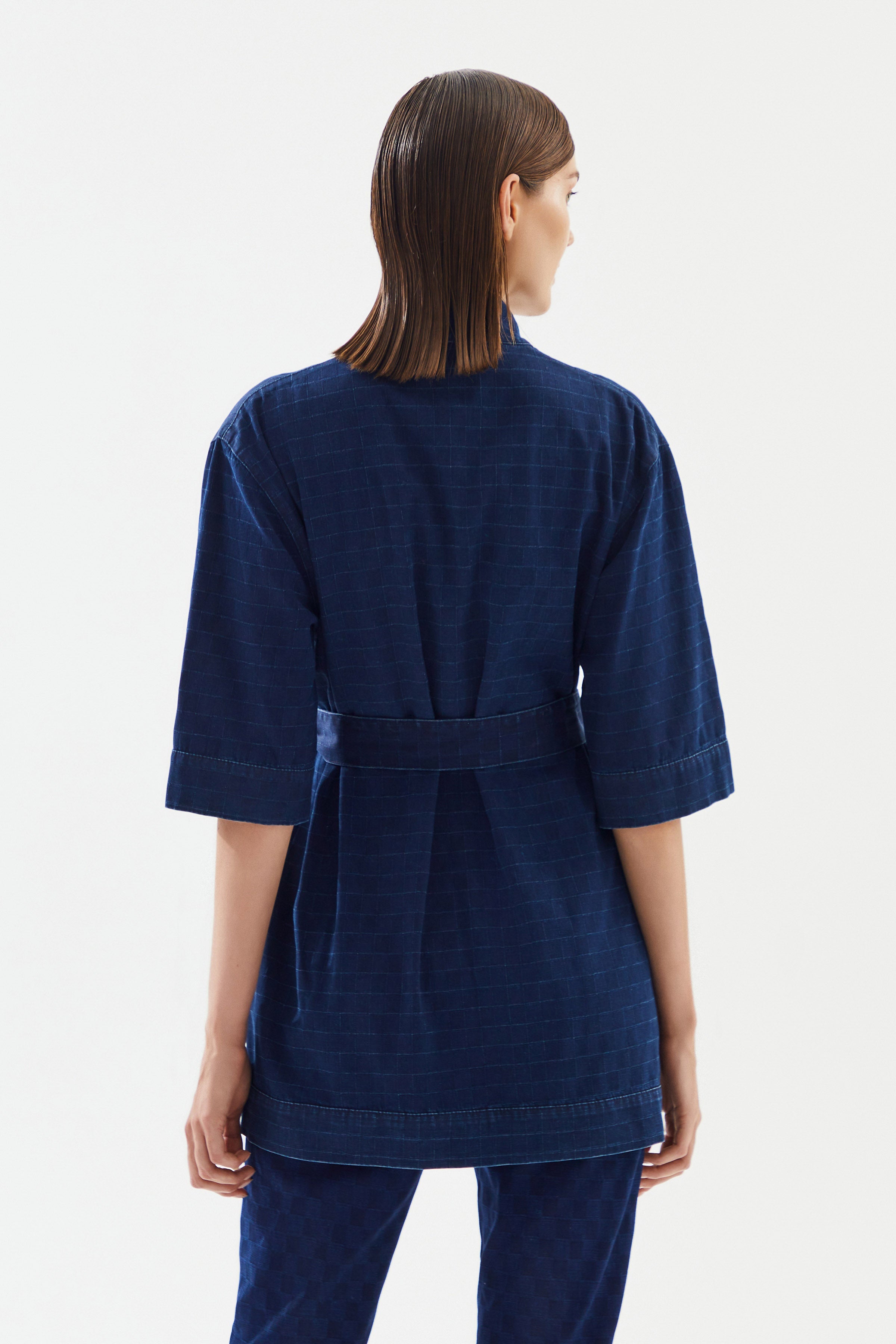 2be4A-Kadın Damalı Denim Kimono-6-Milagron.com