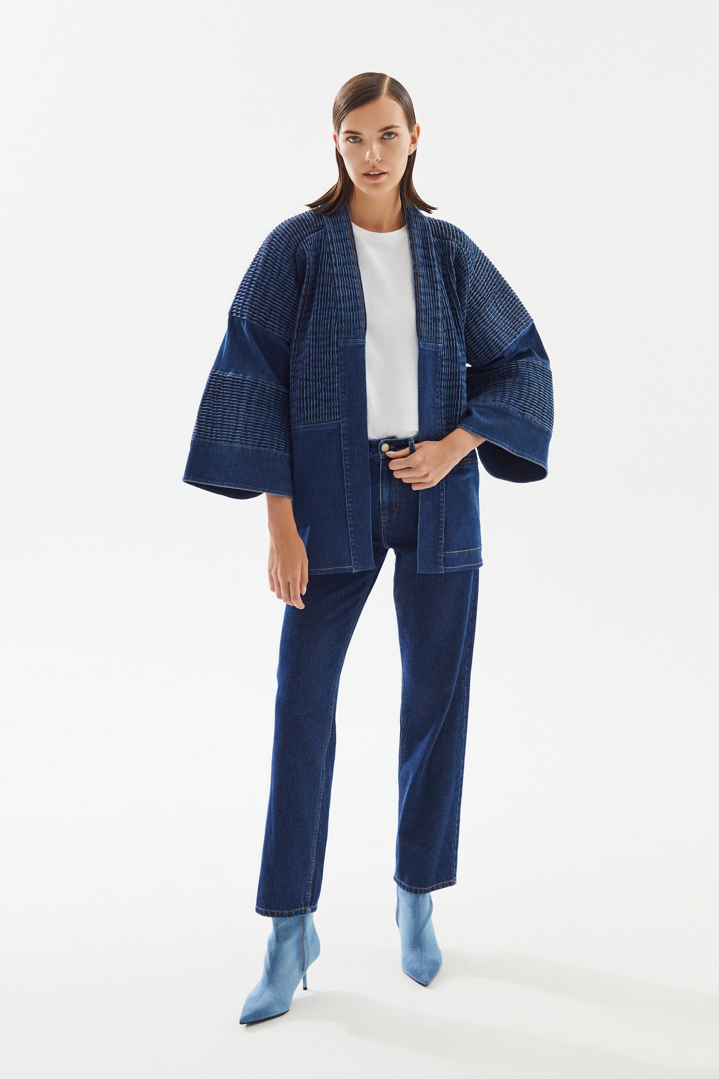 Kadın Nervürlü Denim Kimono