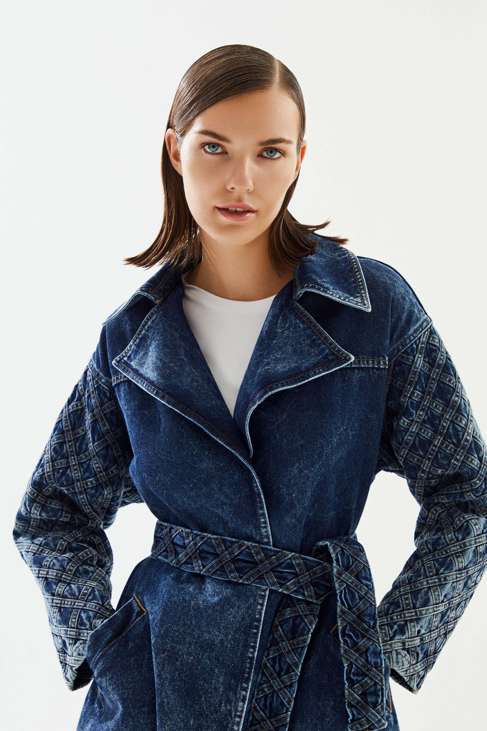 2be4A-Kadın Şerit Desenli Kemerli Denim Ceket-Ceket-4-Milagron.com