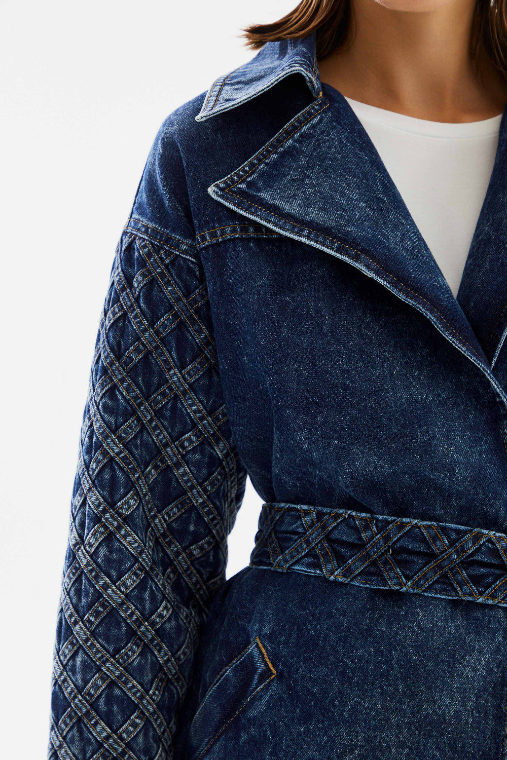 2be4A-Kadın Şerit Desenli Kemerli Denim Ceket-Ceket-7-Milagron.com