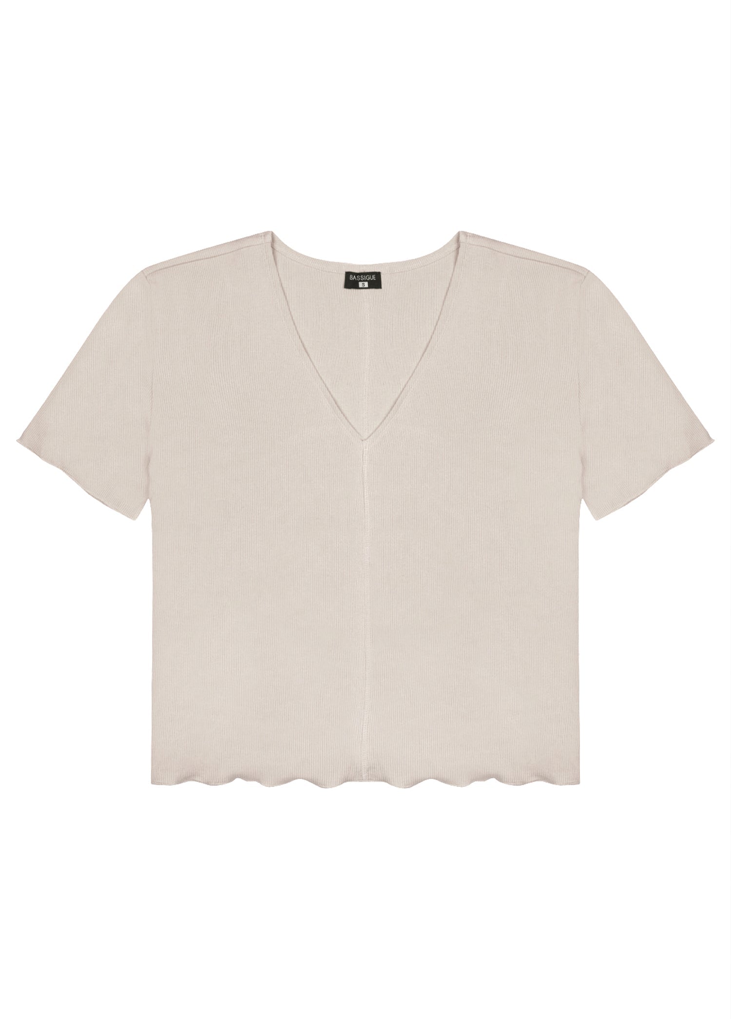Bej V Yaka Pamuklu Ribana T-Shirt