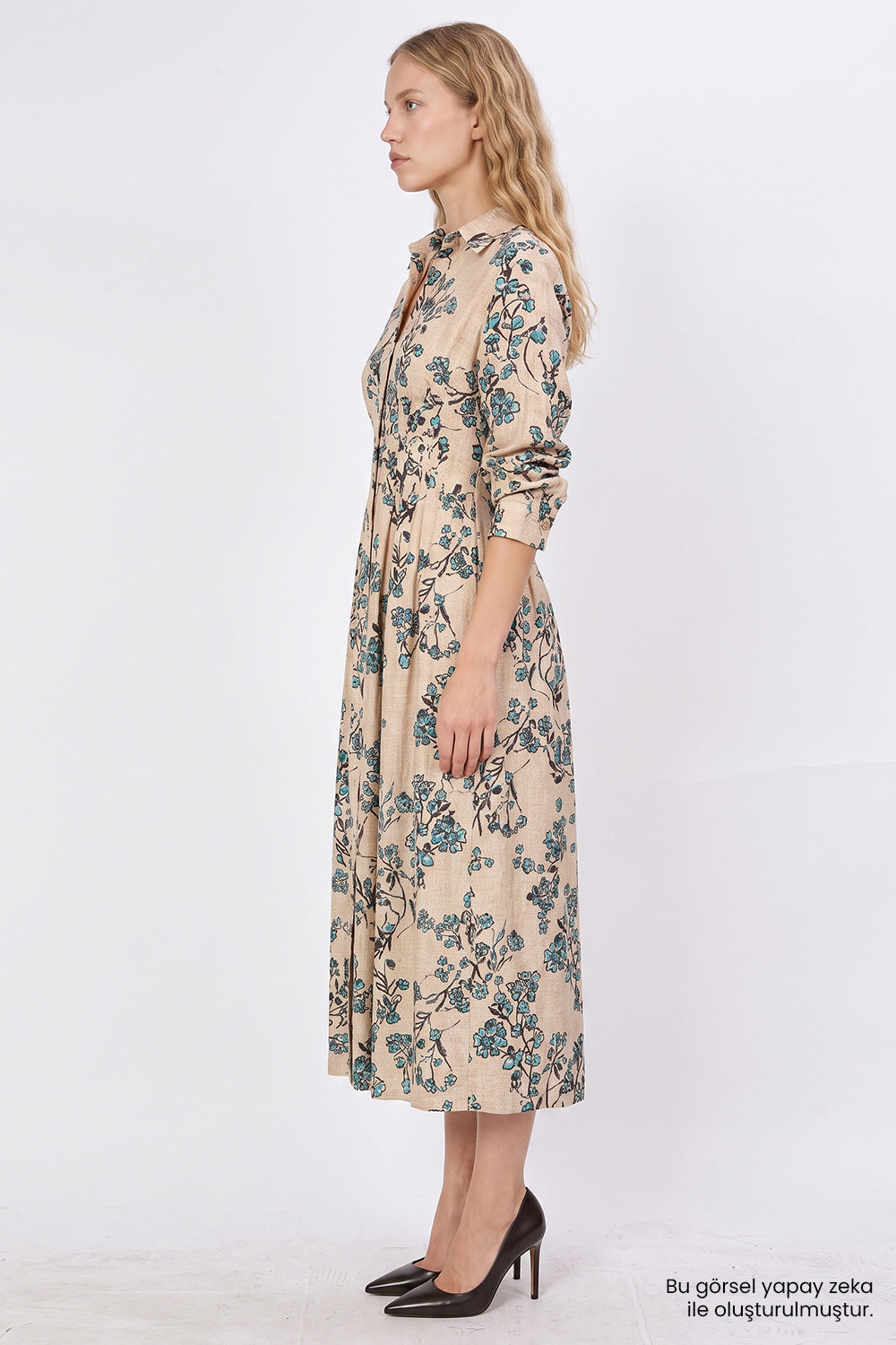 Uzun Kollu Bele Oturan Pileli Slim Fit Midi Çok Renkli Elbise