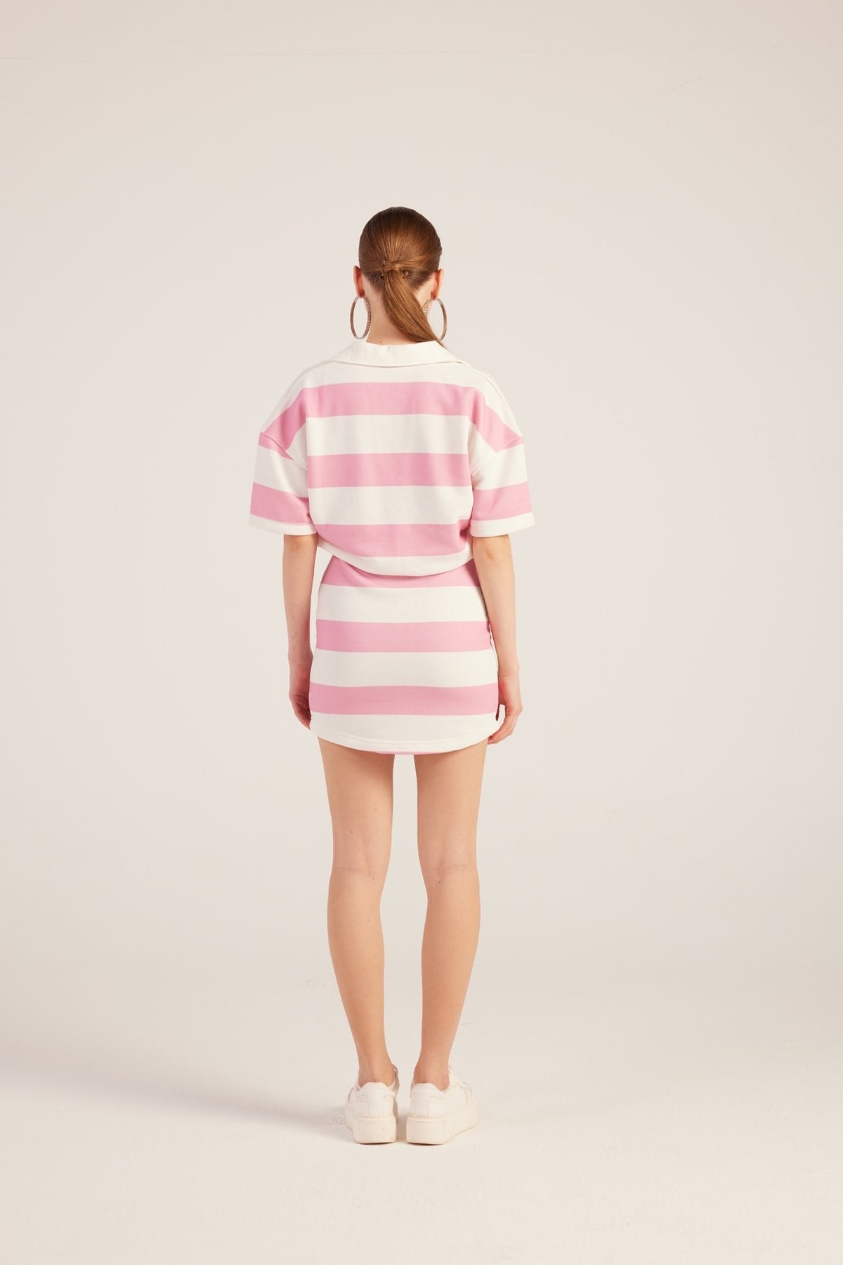 Polo Yaka Çizgili Mini Pamela Elbise Pembe