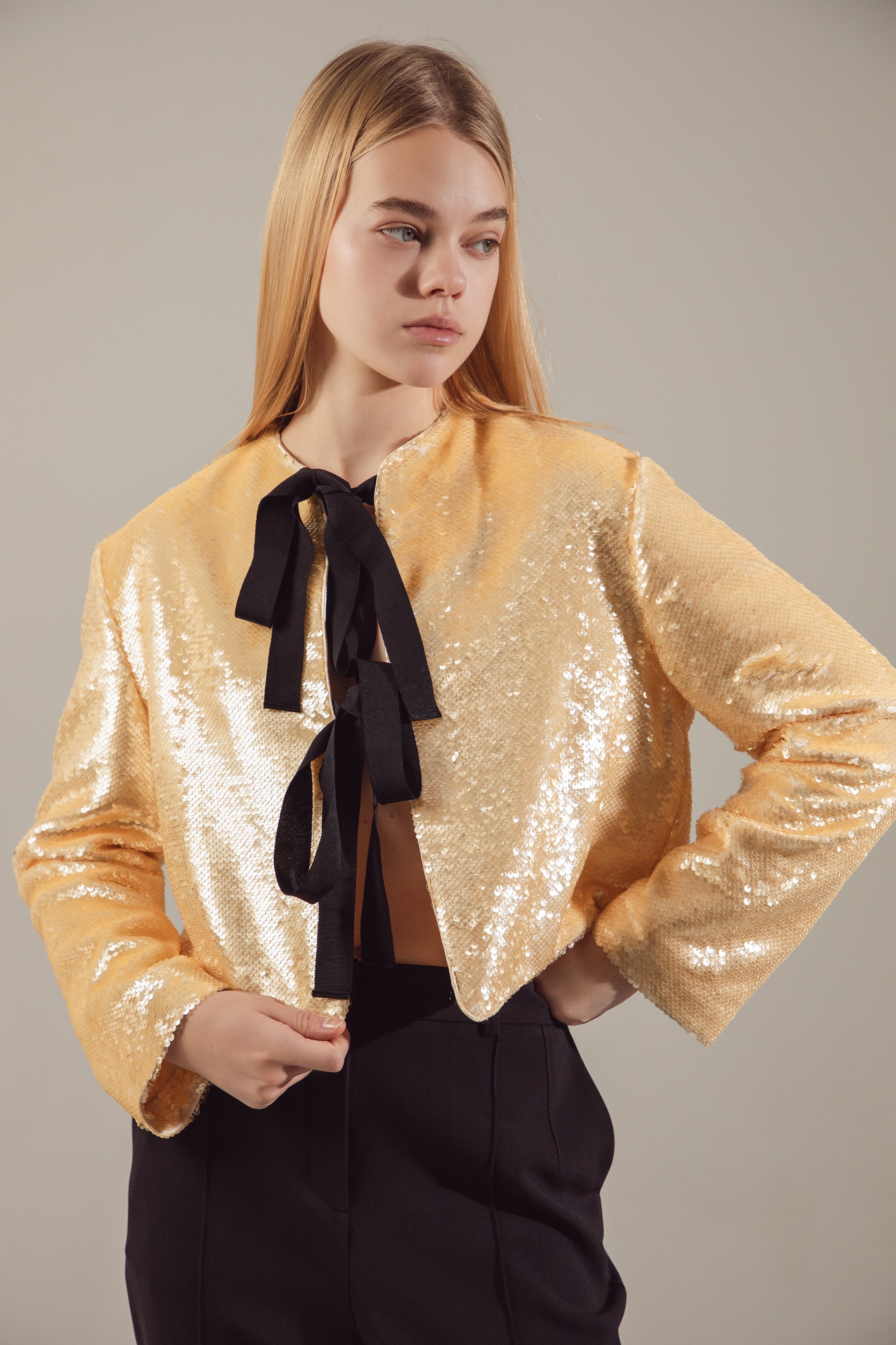 Champagne Sequin Jacket With Contrast Ties