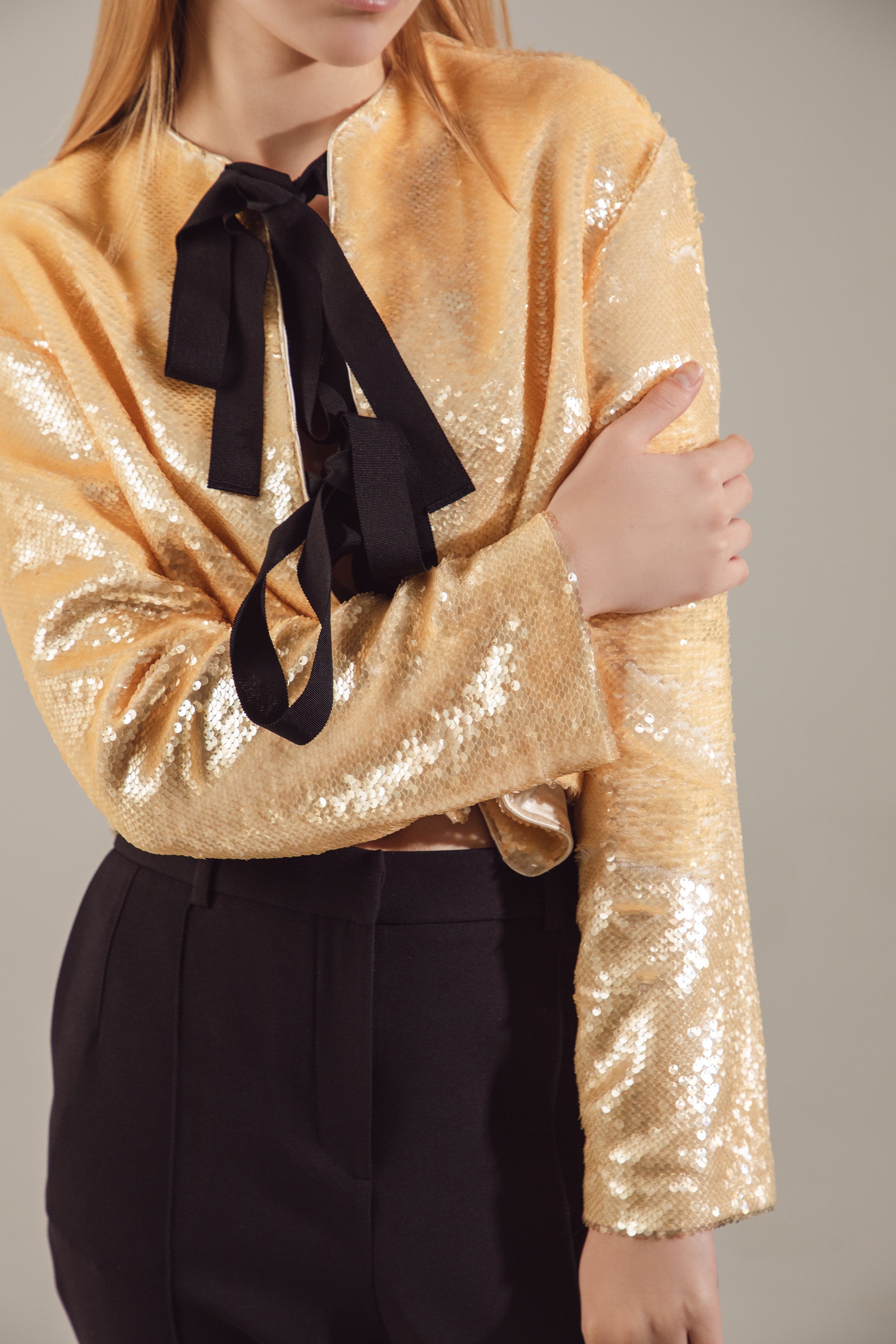 Champagne Sequin Jacket With Contrast Ties