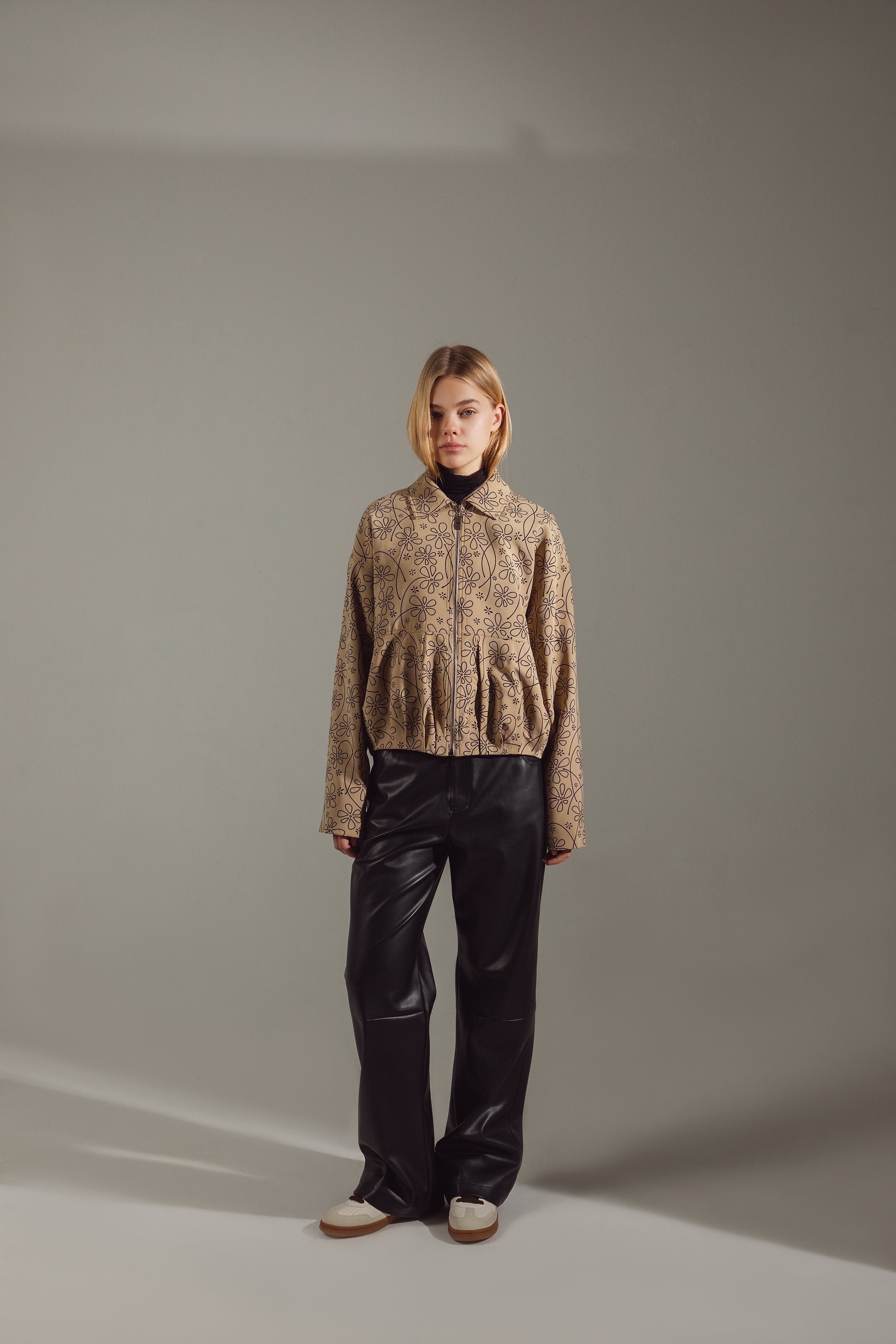 Beige-Mustard Floral Cotton-Modal Bomber