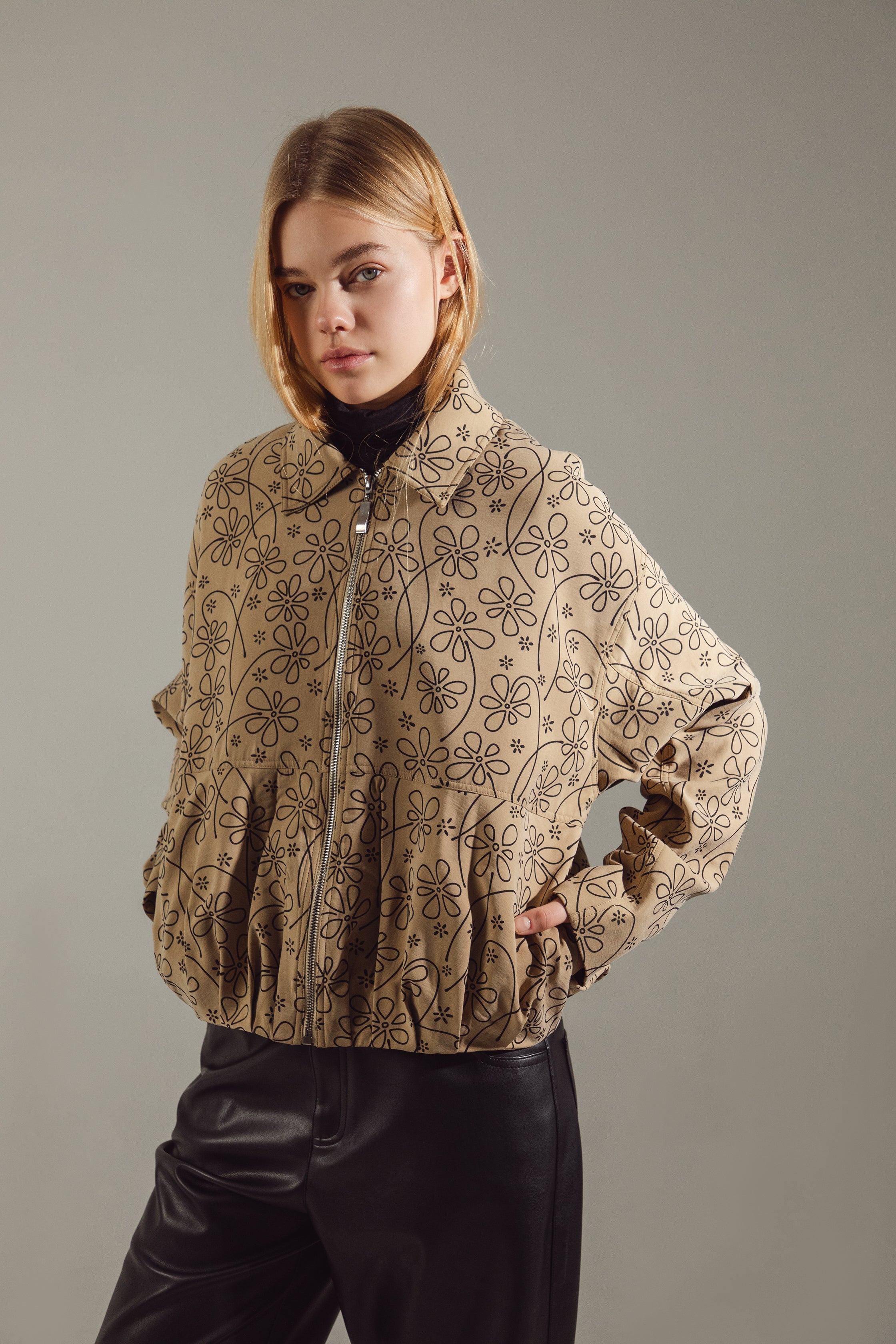 Beige-Mustard Floral Cotton-Modal Bomber