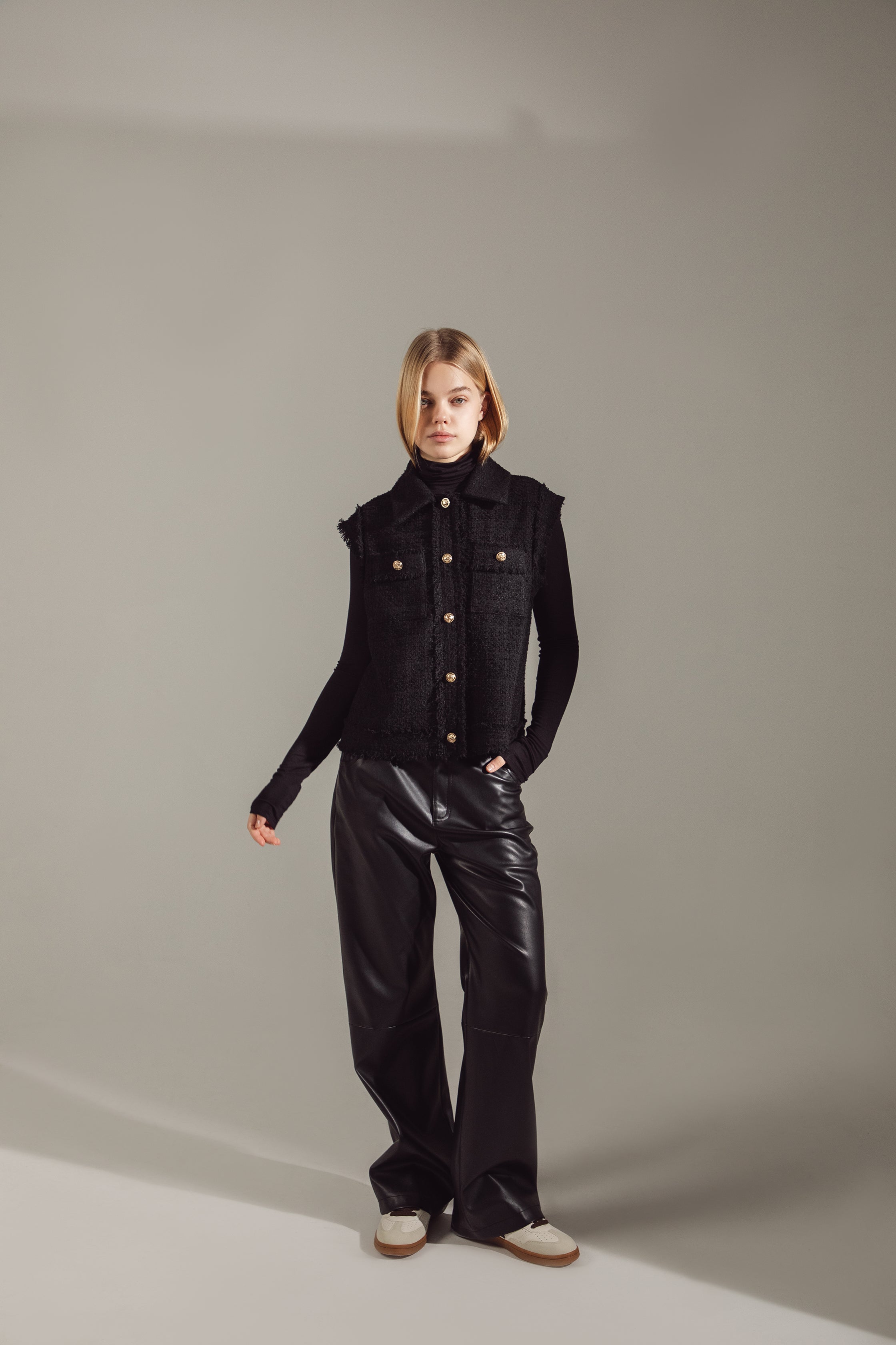 Gold-Buttoned Black Tweed Raw-Edge Vest