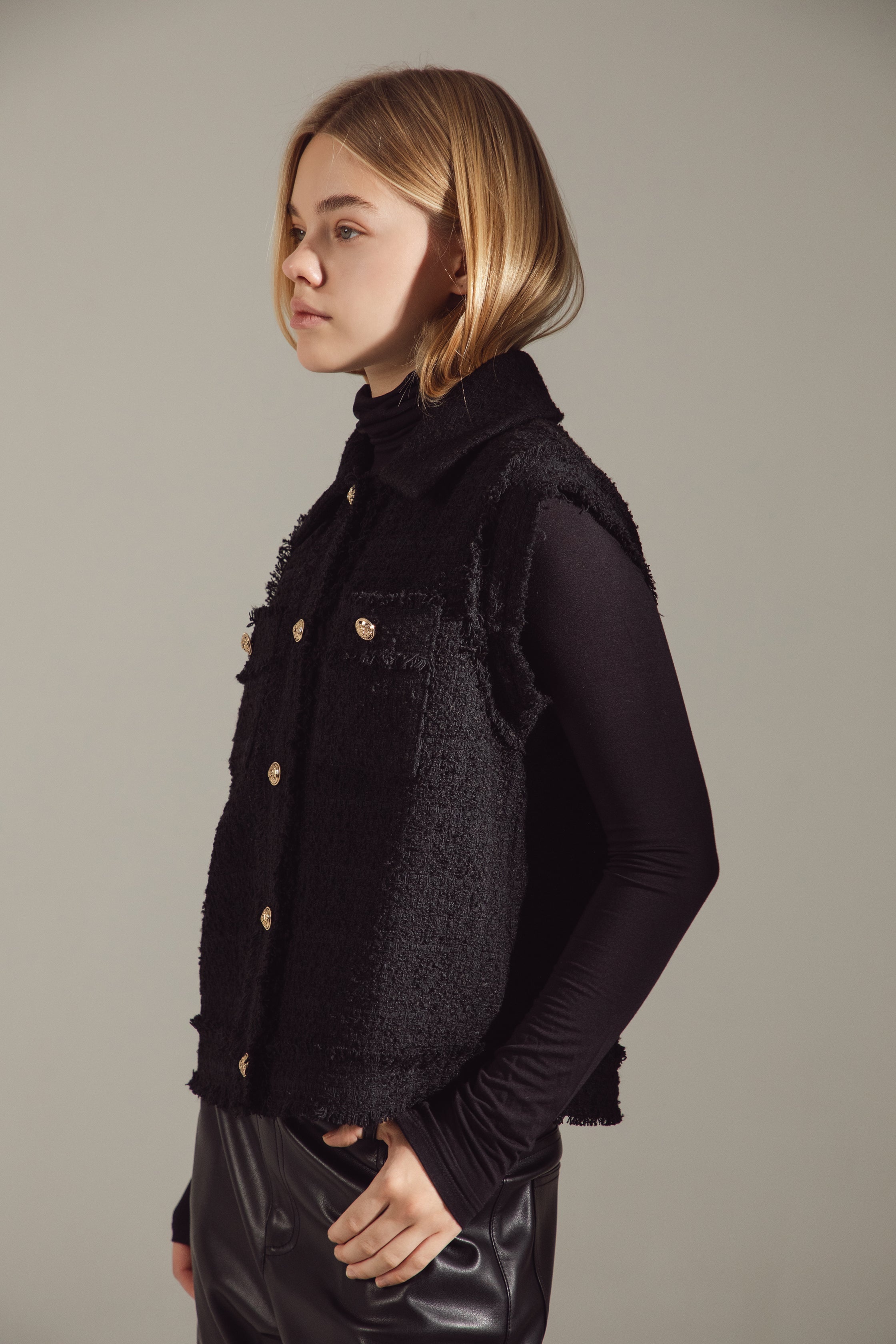 Gold-Buttoned Black Tweed Raw-Edge Vest