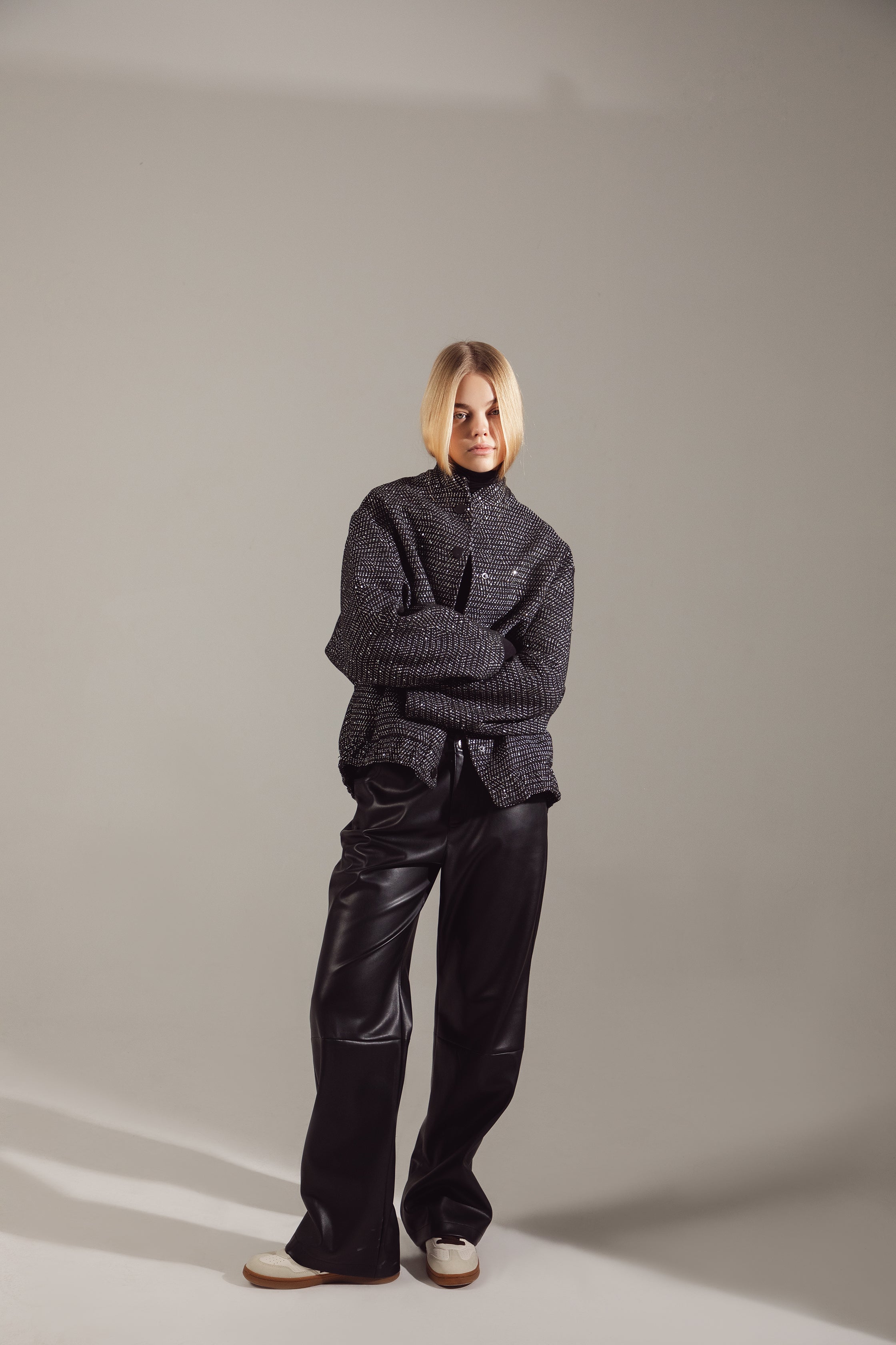 Deep Gray Sequin-Embellished Oversize Bomber