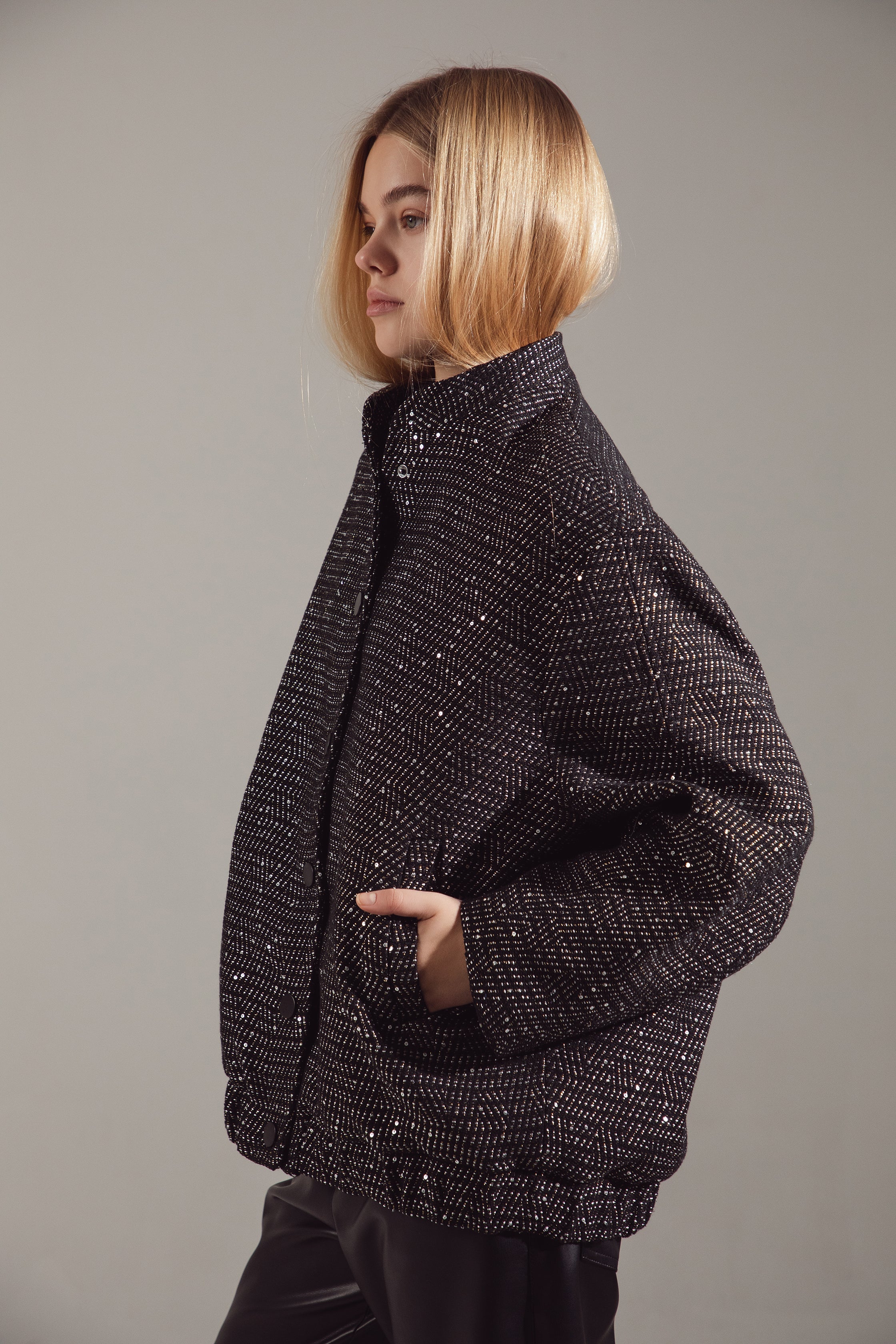 Deep Gray Sequin-Embellished Oversize Bomber