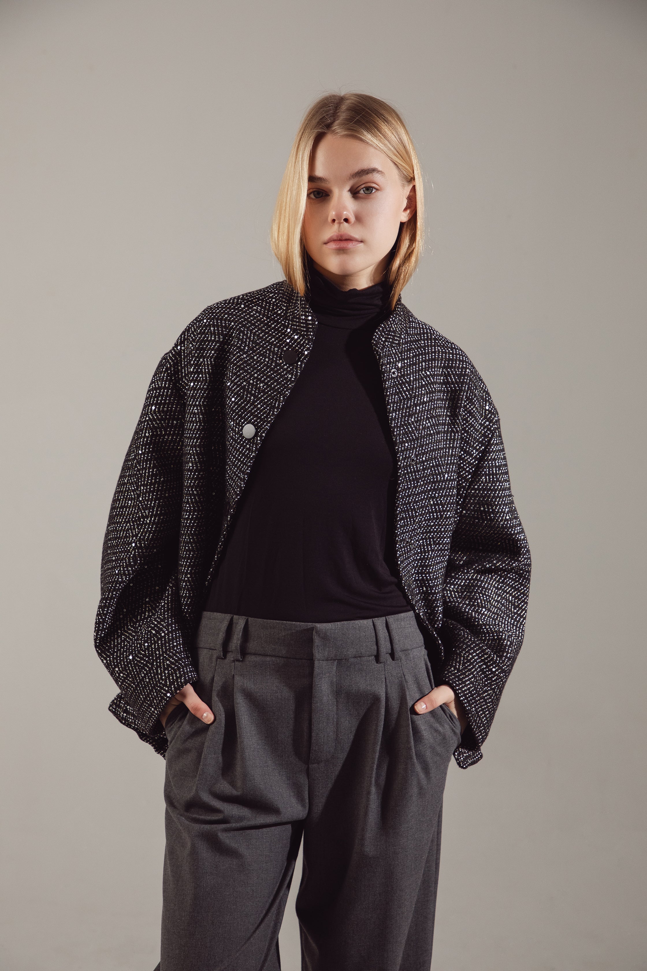 Deep Gray Sequin-Embellished Oversize Bomber