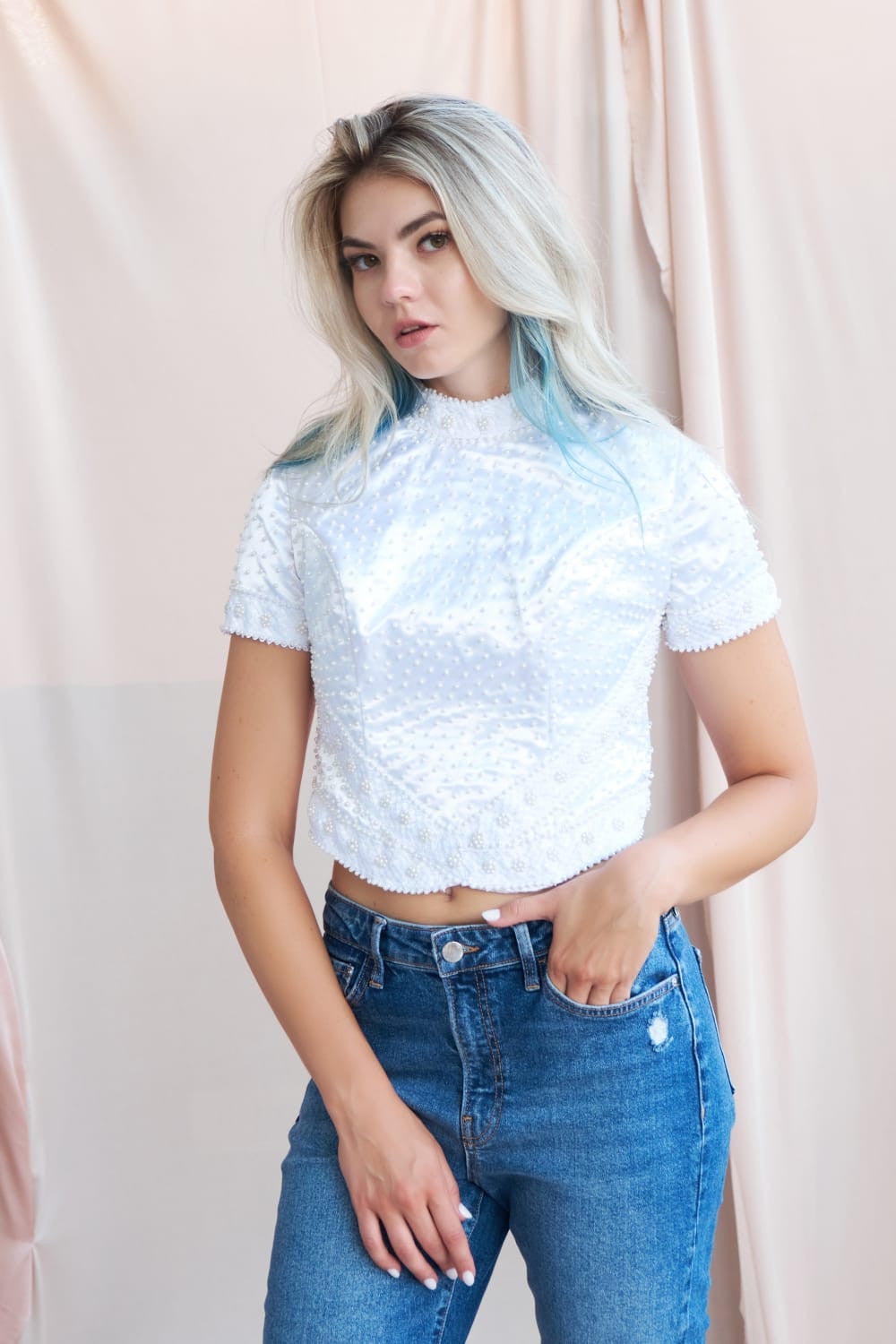 Petra Petrova-İnci İ̇şleme Detaylı Saten Blüz-Top-1-Milagron.com