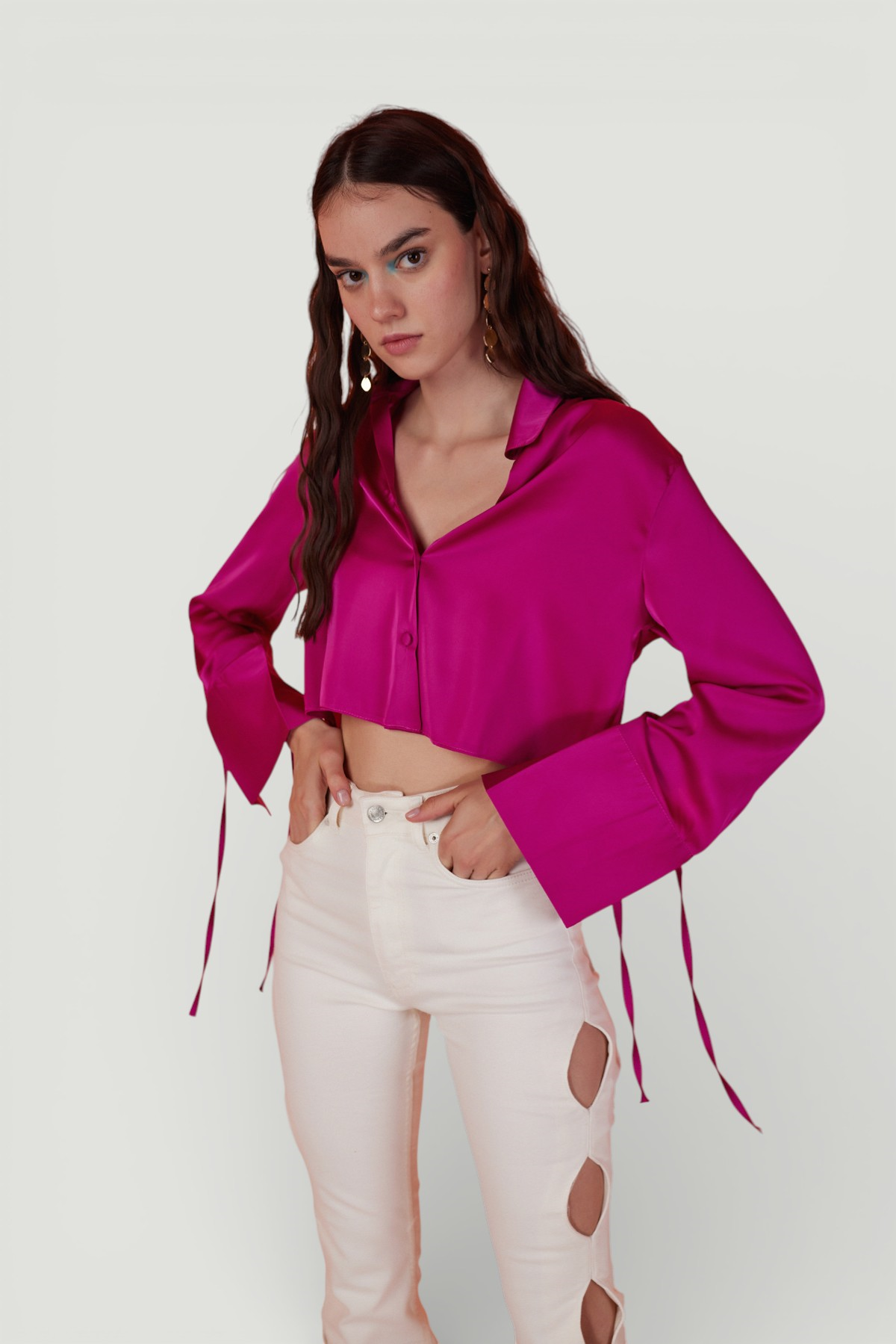 Özel Dokulu Saten Crop Silky Gömlek Pembe