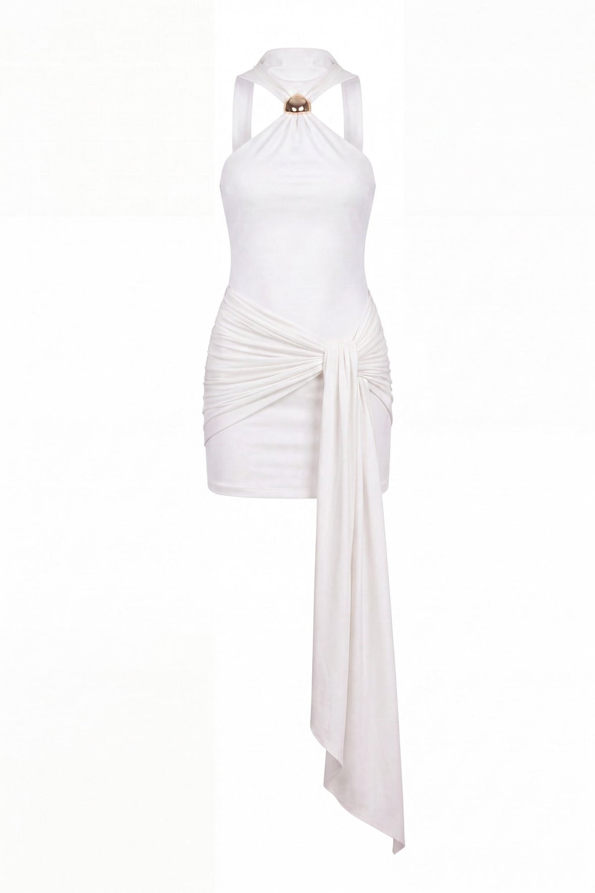 Halter Yaka Aksesuarlı Mini Lilian Elbise Beyaz